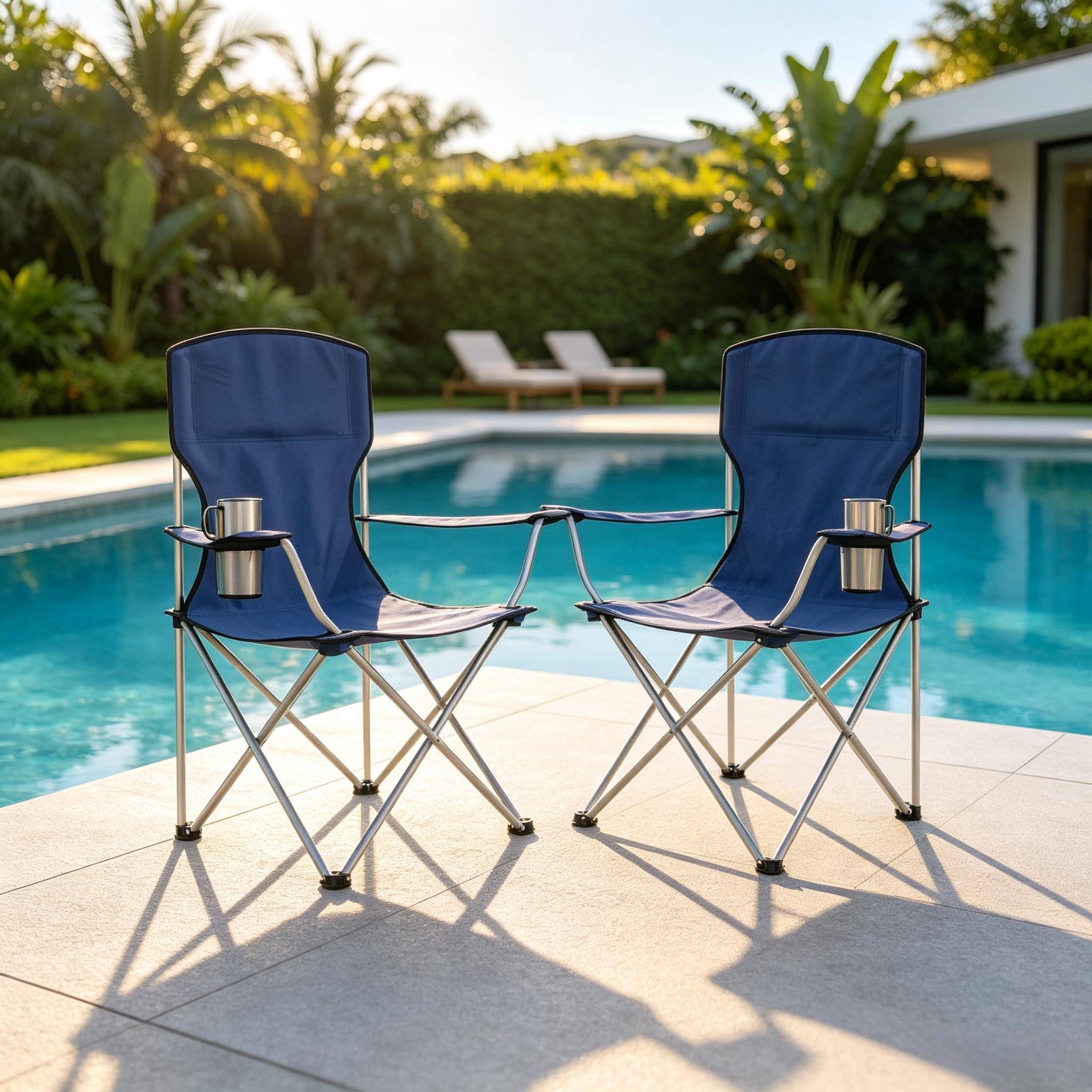 ComfortXL - Lot de 2 chaises camping pliantes métal bleu marine gris argent porte-gobelet haut dossier - ComfortXL Outdoor Living - Image 6