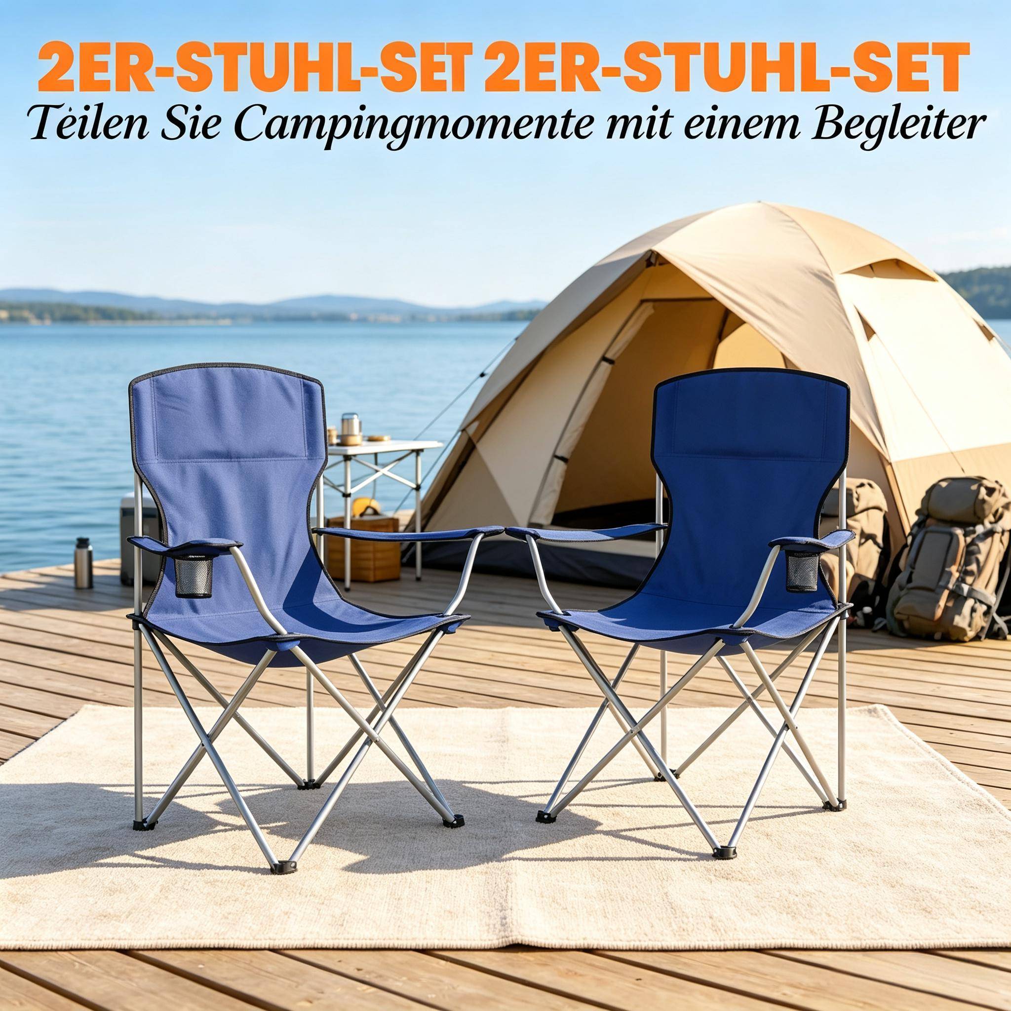 ComfortXL - Lot de 2 chaises camping pliantes métal bleu marine gris argent porte-gobelet haut dossier - ComfortXL Outdoor Living - Image 4