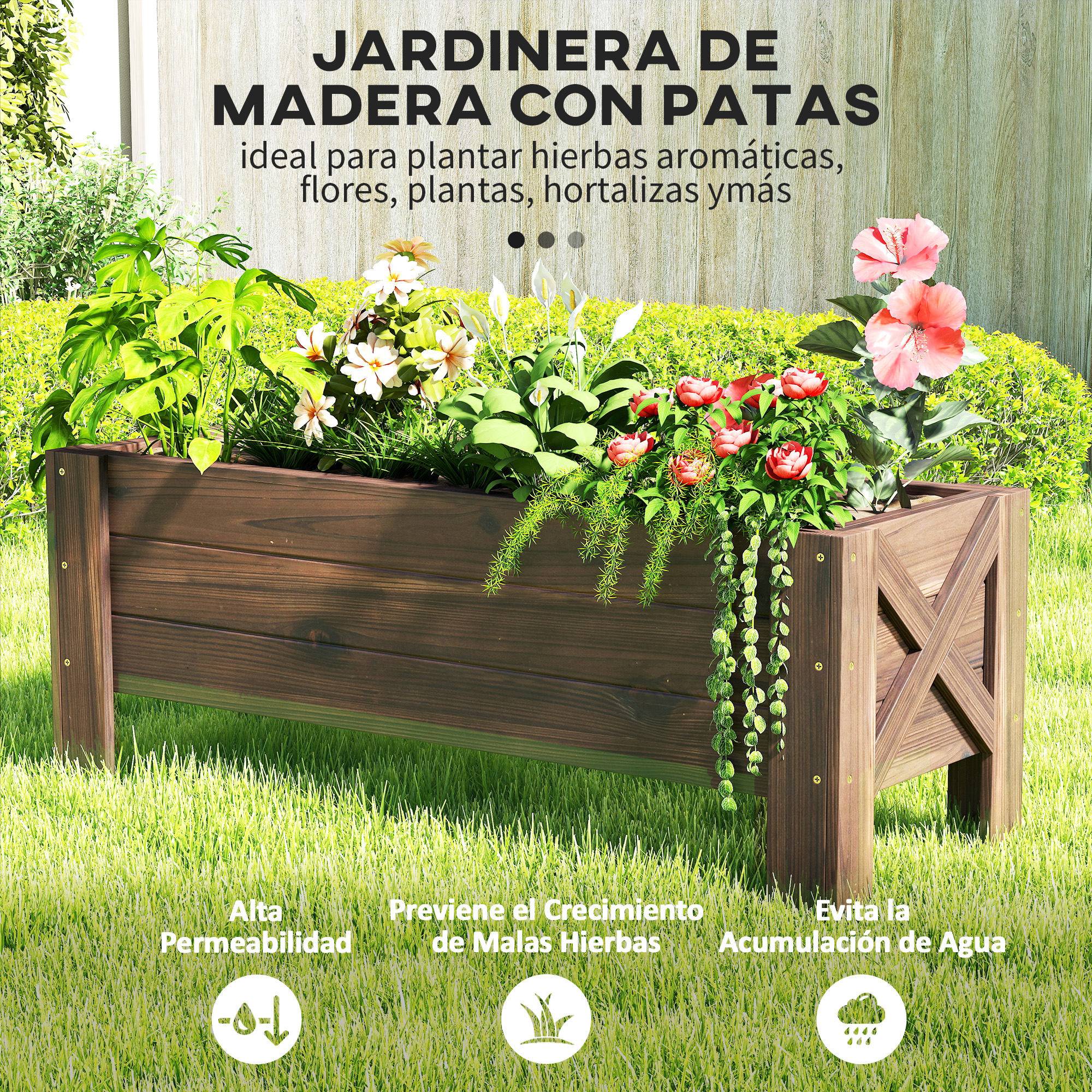 Jardinière en Bois Rectangulaire sur Pieds avec 2 Trous de Drainage, pour Fleurs et Plantes, 100 x 36,5 x 36 cm, Marron - Image 6