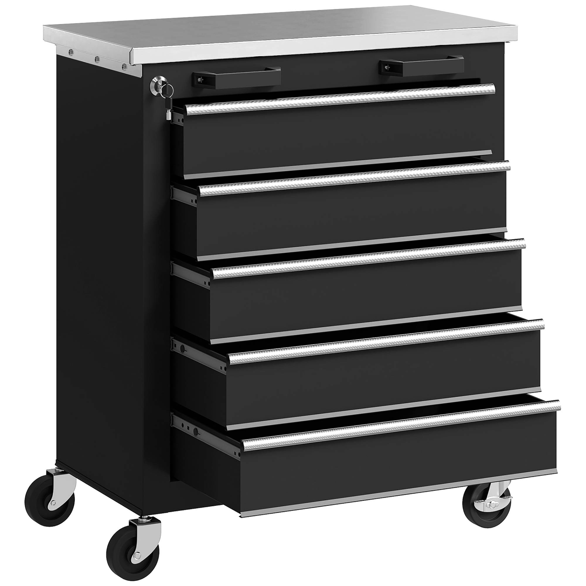 Sans Marque - Armoire à outils 5 tiroirs, caisse roulante, chariot acier, argent+noir - Image 1