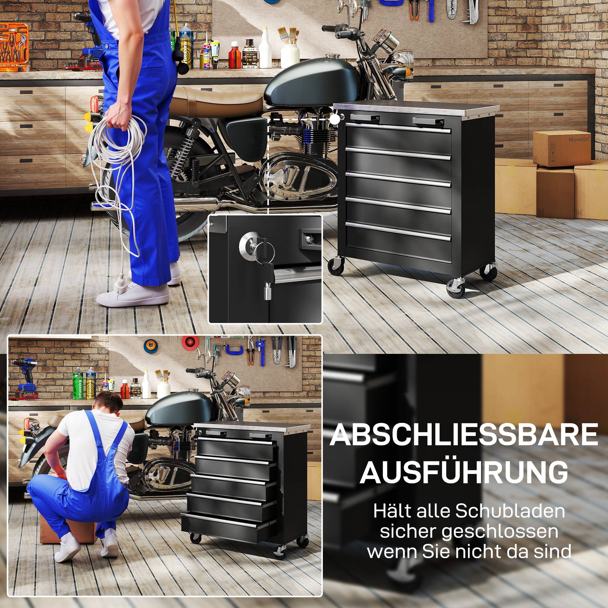 Sans Marque - Armoire à outils 5 tiroirs, caisse roulante, chariot acier, argent+noir - Image 8