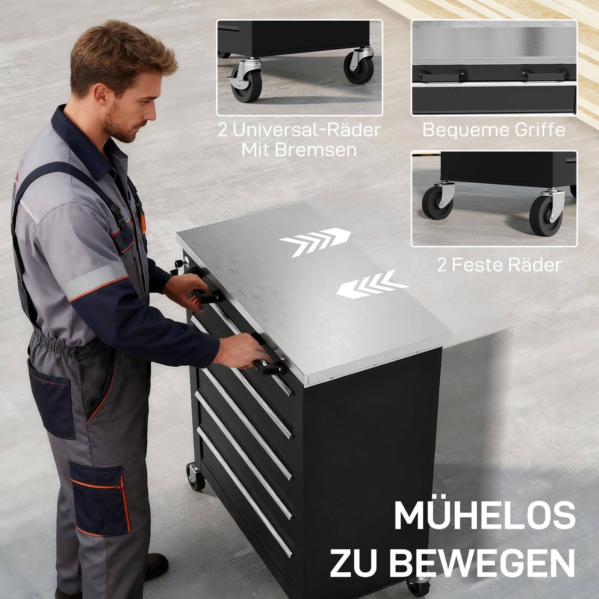 Sans Marque - Armoire à outils 5 tiroirs, caisse roulante, chariot acier, argent+noir - Image 9