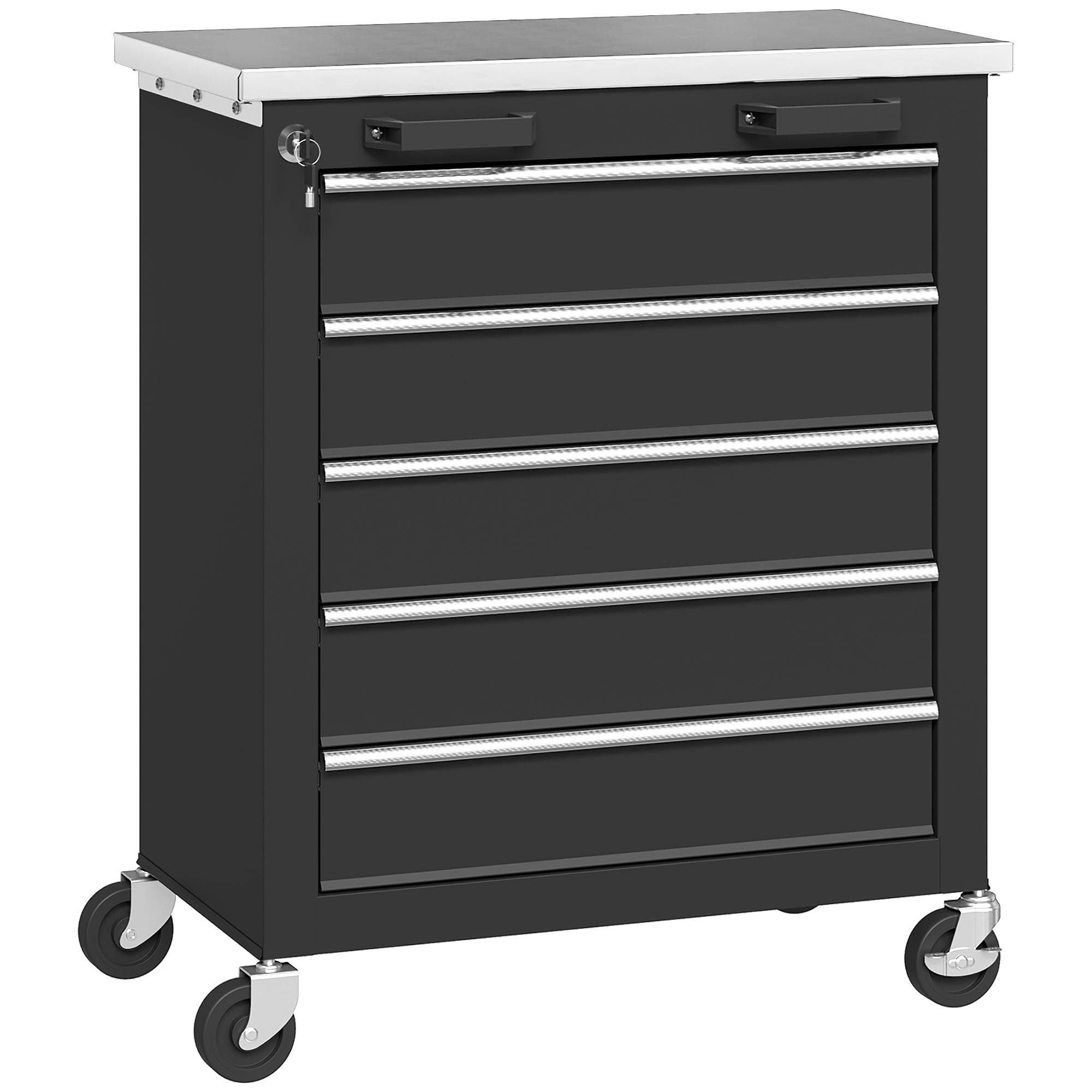 Sans Marque - Armoire à outils 5 tiroirs, caisse roulante, chariot acier, argent+noir - Image 2