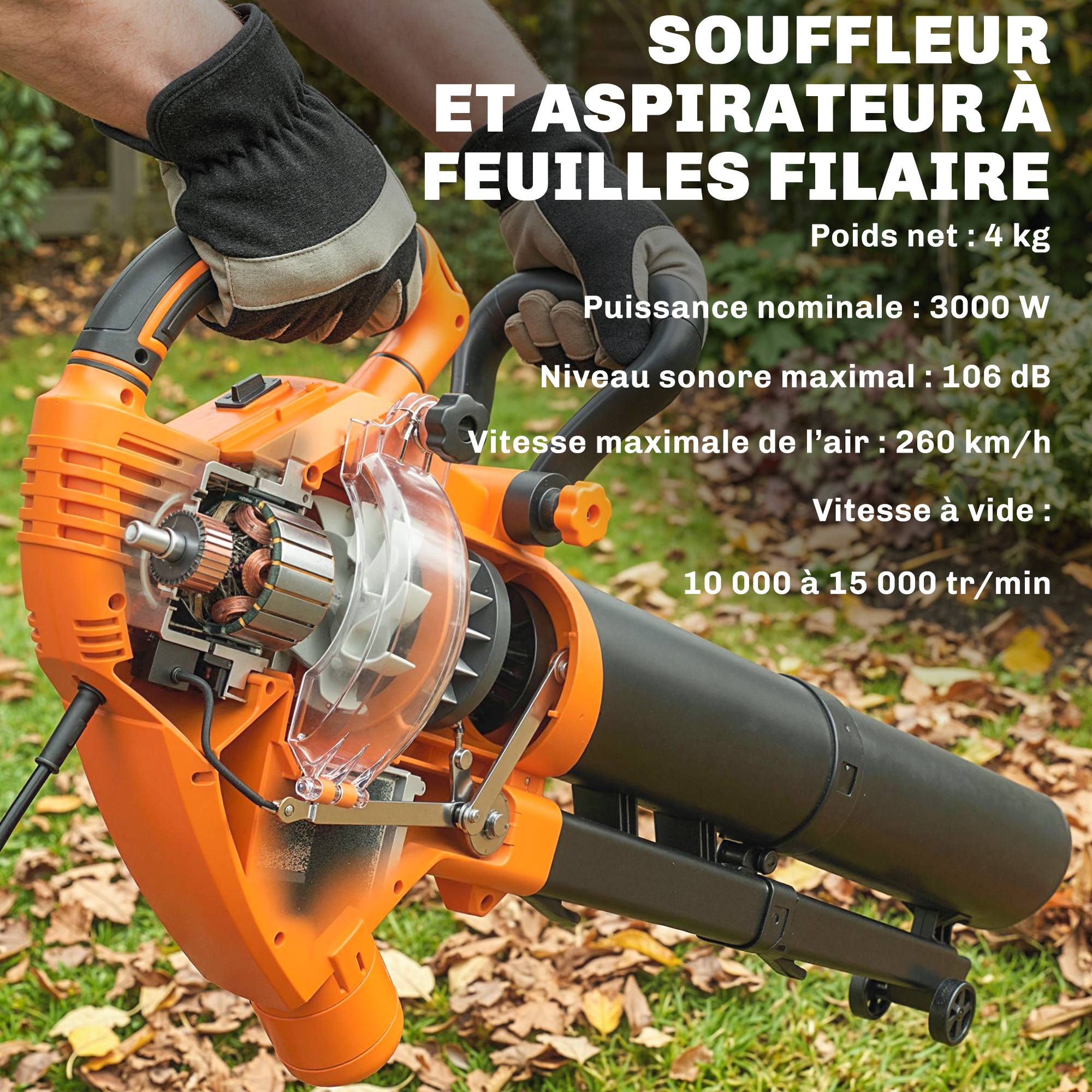 Aspirateur-souffleur de feuilles filaire 3000w 3-en-1 avec fonction broyage, sac de collecte 40l, 4 roues - Image 7