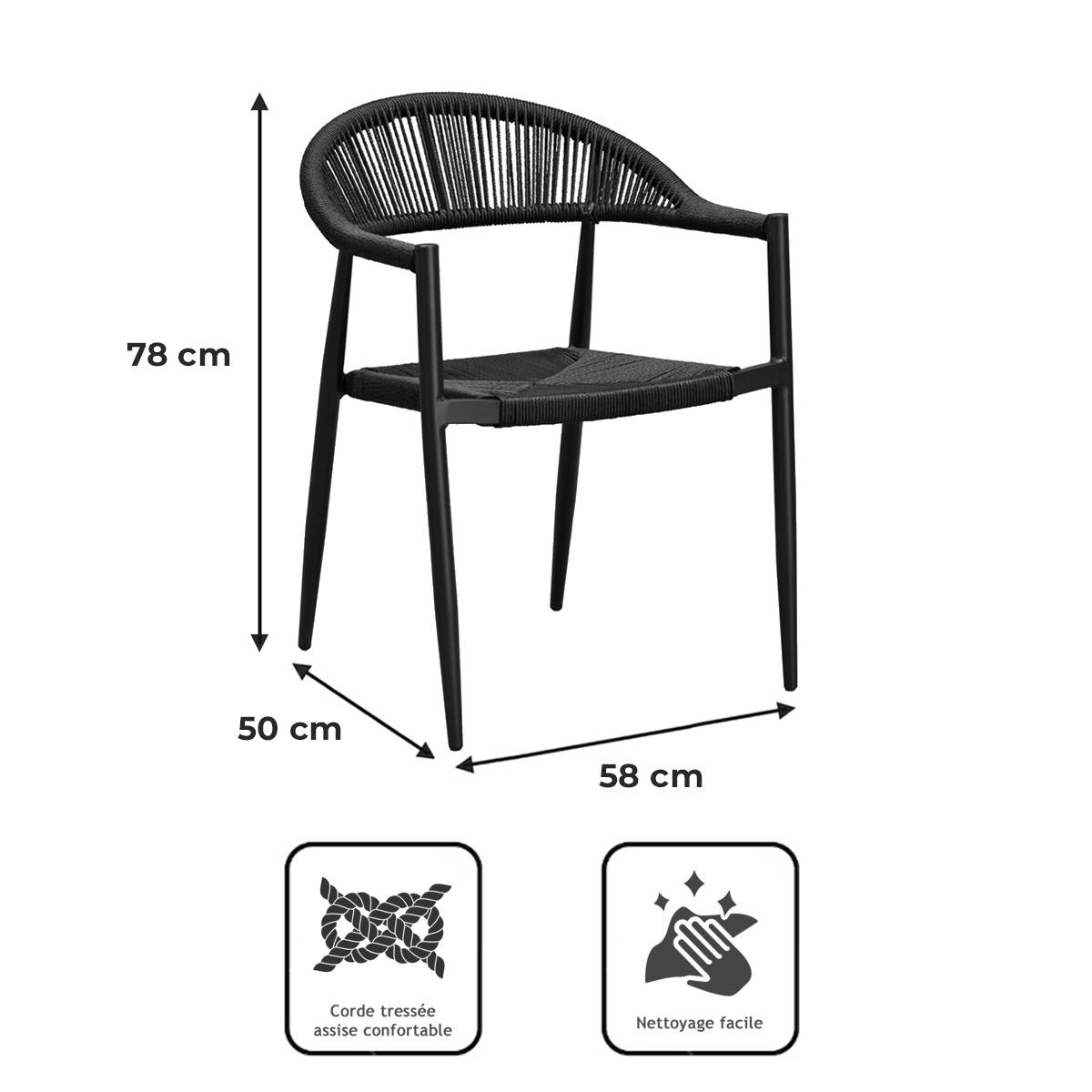 Fauteuil aluminium noir et corde tressée noire Casamance - Gecko Jardin - Image 9