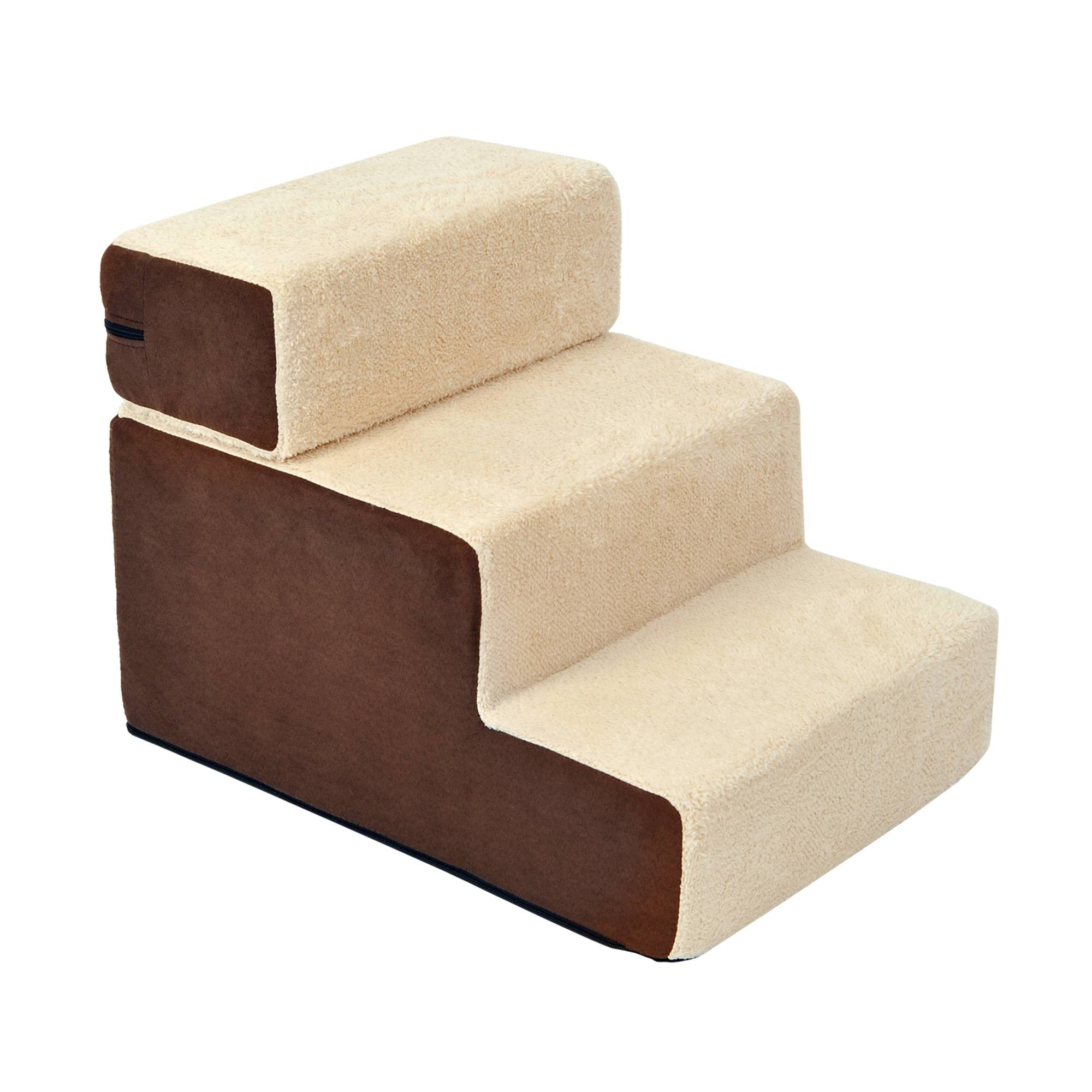 Escalier pour animaux chien chat 3 marches, chats/chiens, peluche beige, 54x40x39cm - Image 2