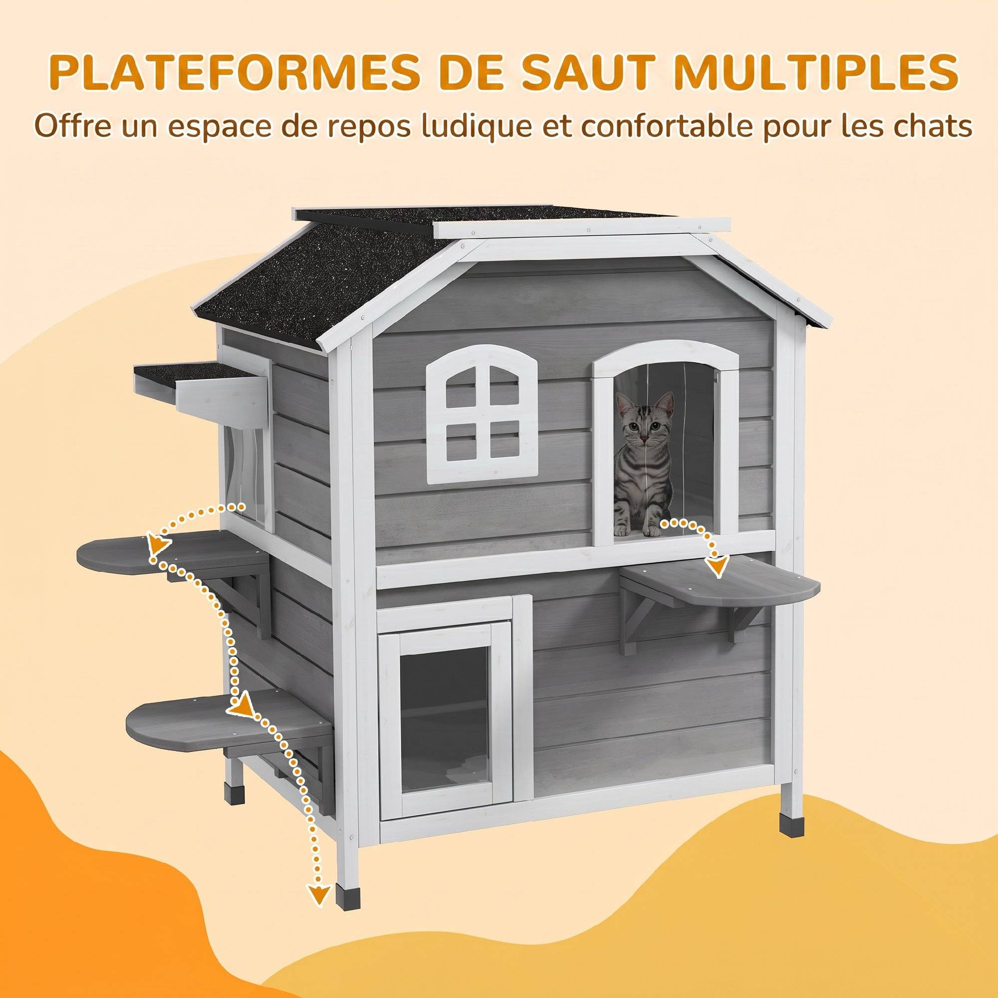 ComfortXL - Maison pour chat extérieur en bois de sapin gris 99,5 x 76 x 91 cm avec 2 étages et toit ouvrant bitumé - Image 7