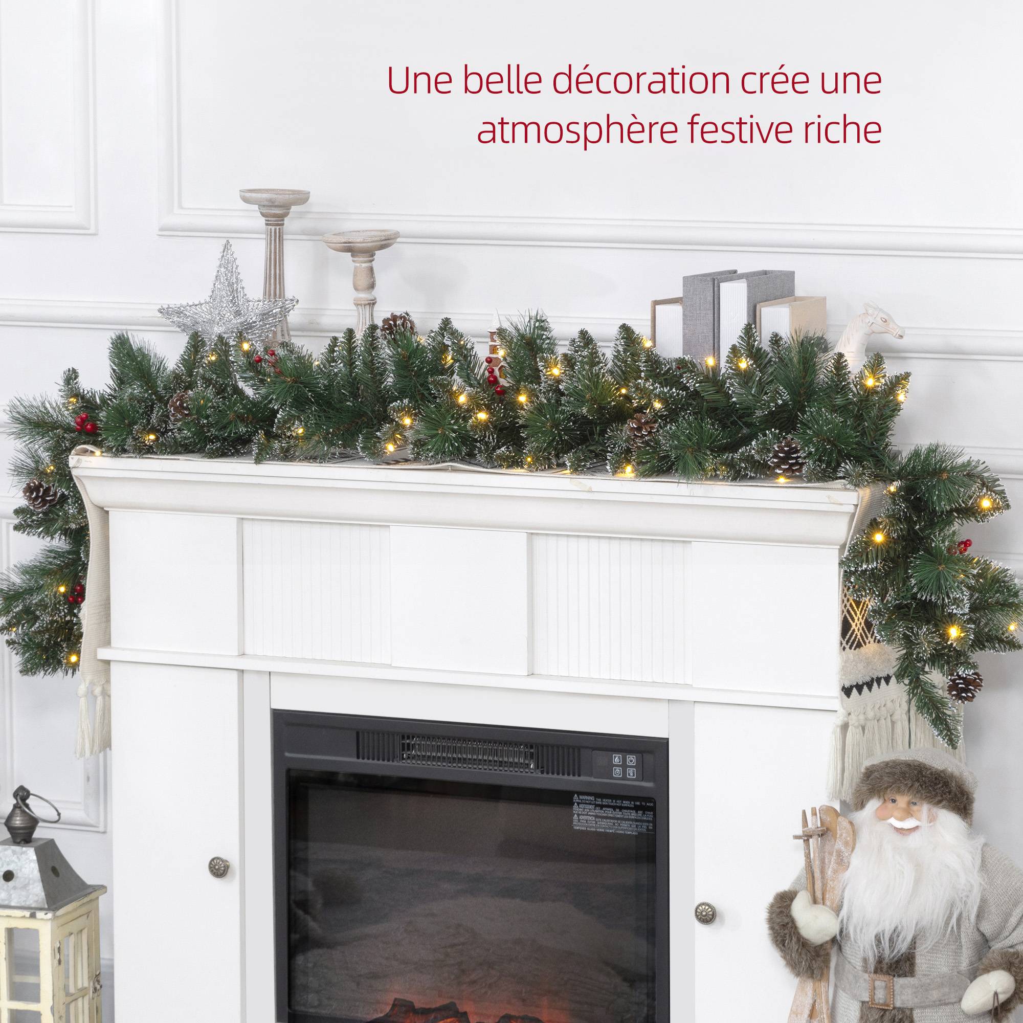 ComfortXL - Guirlande de Noël lumineuse en plastique vert 180 cm pour cheminée et rampe 50 LED blanc chaud et minuterie 6 h - Image 4