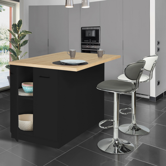 Ilot central IVO 120 cm bois noir avec plan de travail façon hêtre - Image 3