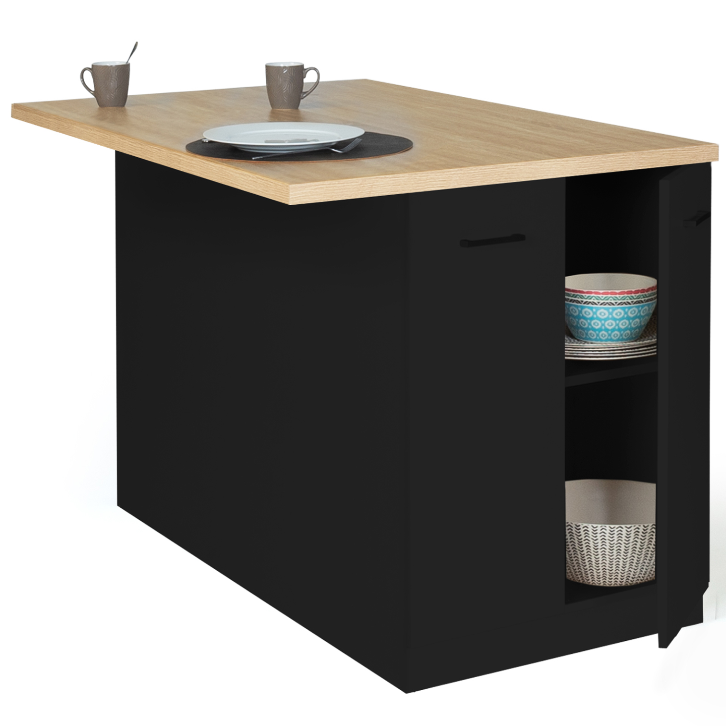 Ilot central IVO 120 cm bois noir avec plan de travail façon hêtre - Image 6