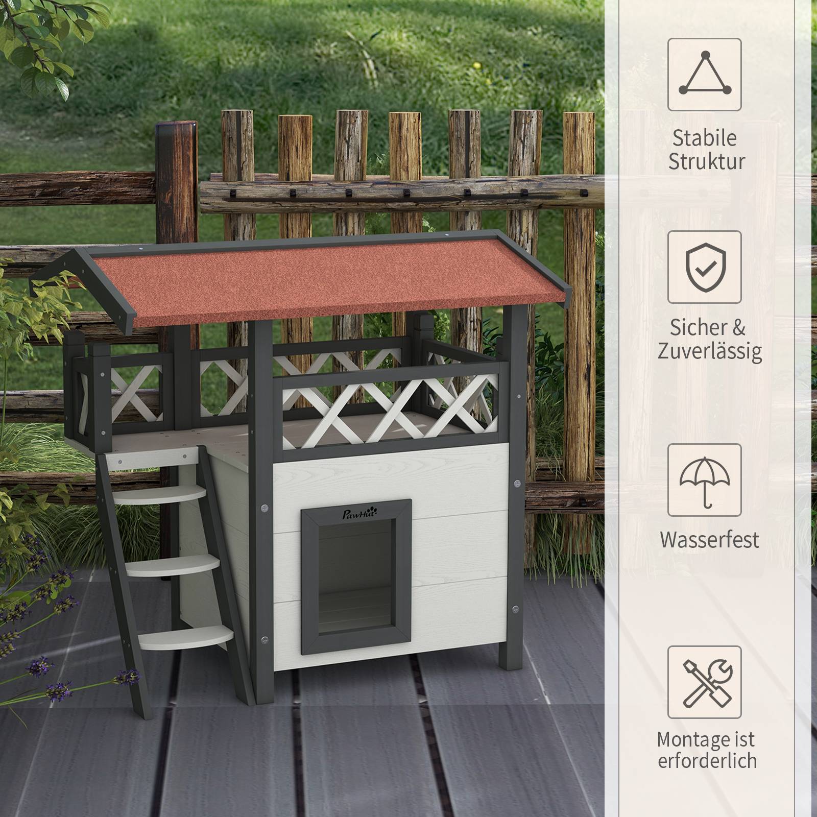 Sans Marque - Maison chat cabane animal toit bitume 2 niveaux 1 échelle, Blanc+Rouge - Image 8