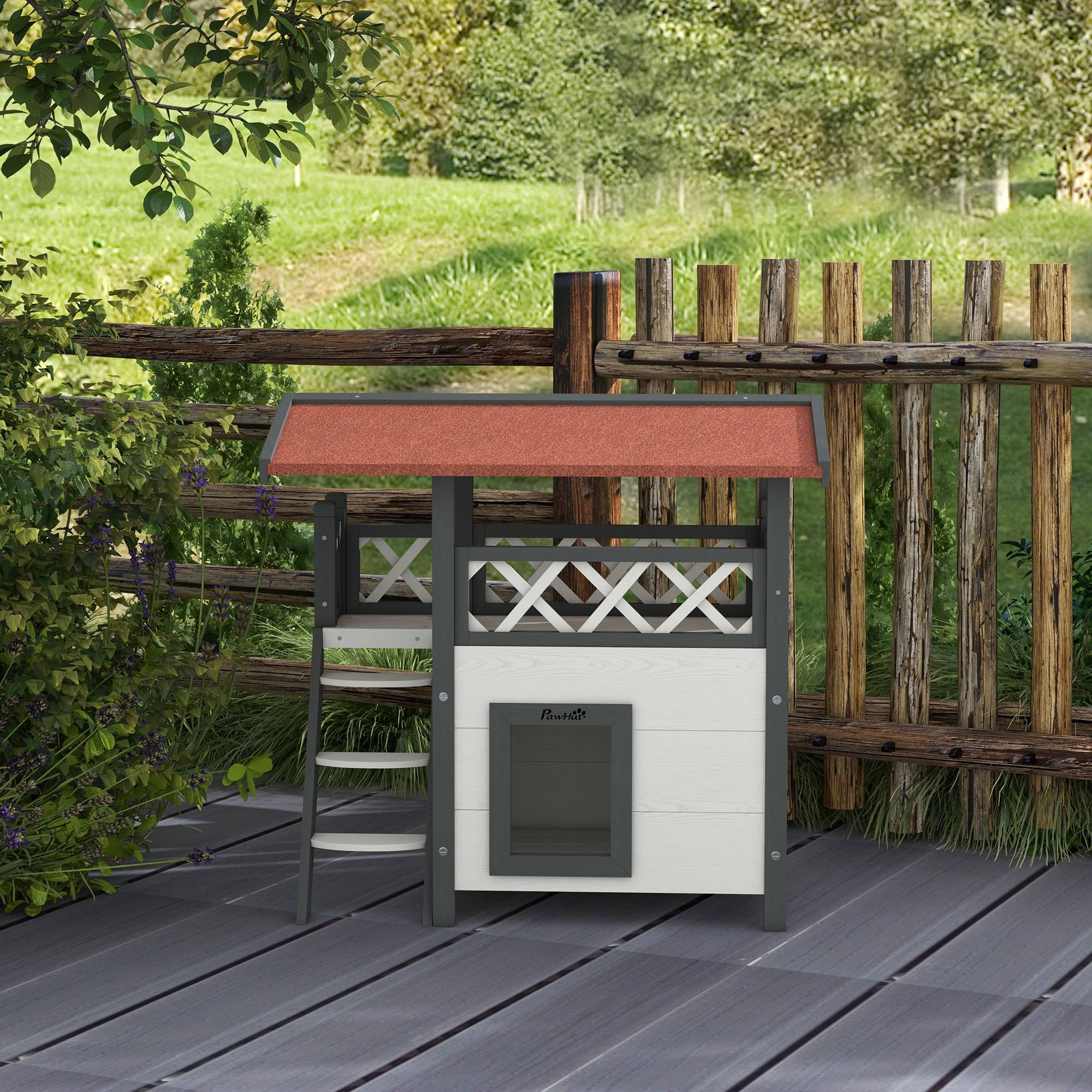 Sans Marque - Maison chat cabane animal toit bitume 2 niveaux 1 échelle, Blanc+Rouge - Image 10