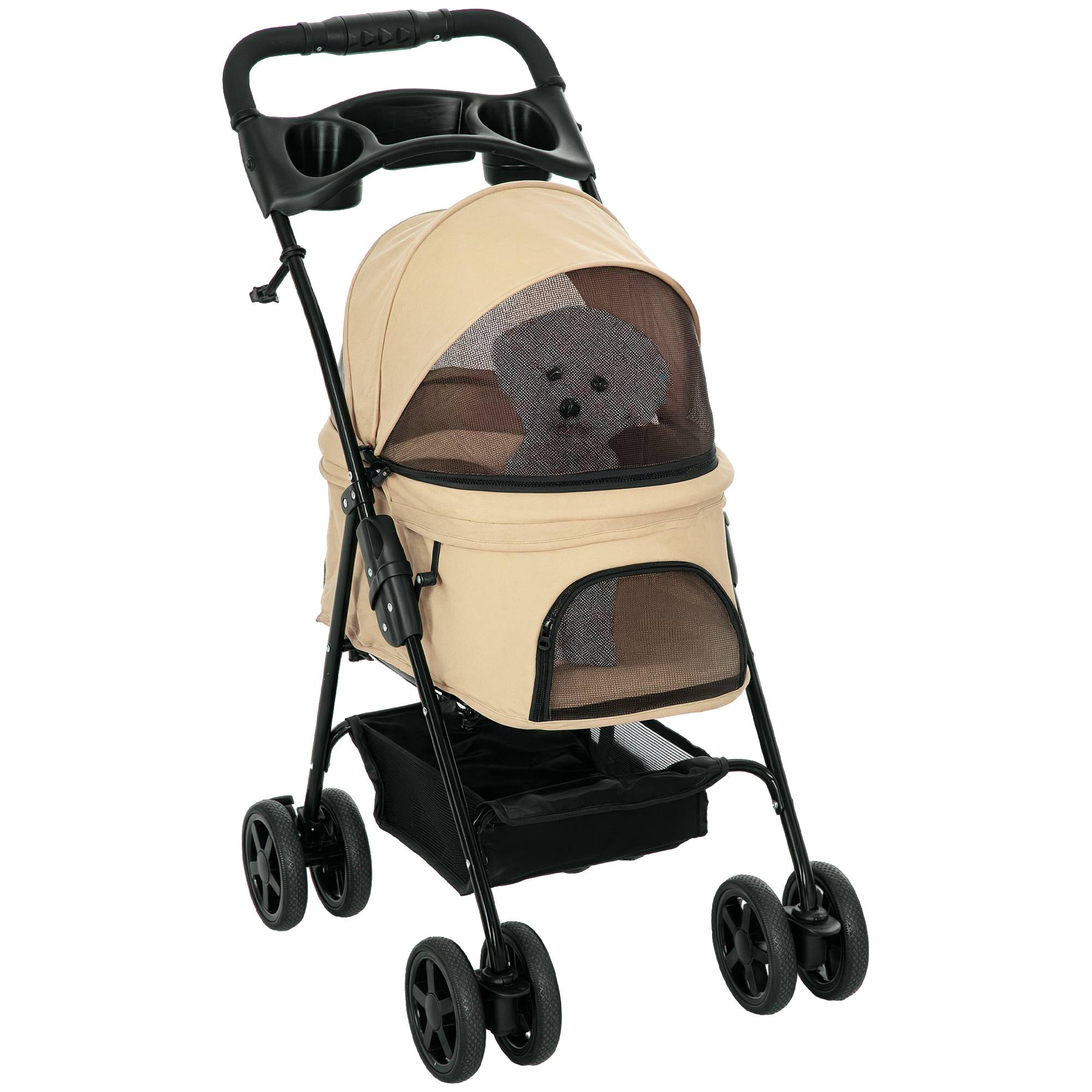 Poussette chien, pliable, 2 laisses sécurité, 2 porte-gobelets, 67 x 45 x 96 cm, kaki - Image 1