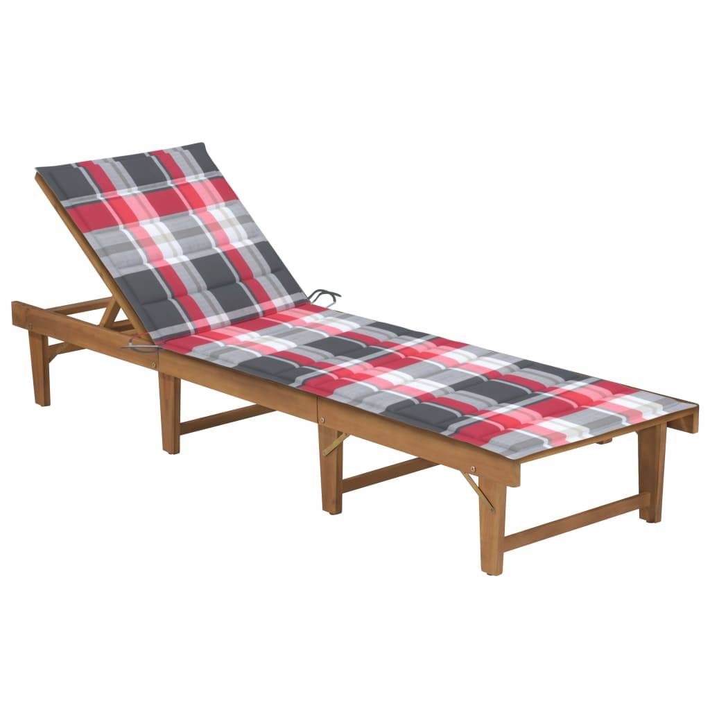 Chaise longue pliable en bois d'acacia avec coussin à carreaux rouges 200 x 61 x 30/86 cm - PANGIVO - Image 1