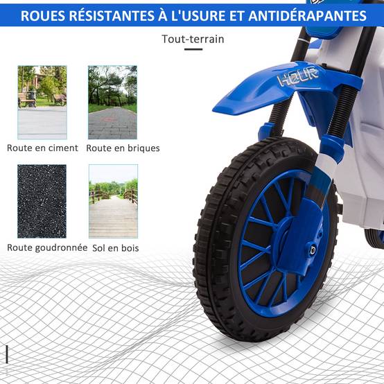 Moto Cross électrique Enfant 3 à 5 Ans 12 V 3-8 Km/h avec roulettes latérales Amovibles dim. 106,5L x 51,5l x 68H cm Bleu - Image 7