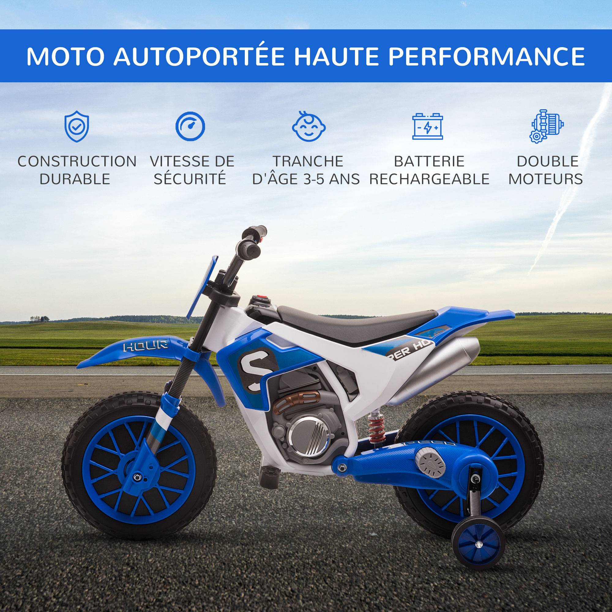 Moto Cross électrique Enfant 3 à 5 Ans 12 V 3-8 Km/h avec roulettes latérales Amovibles dim. 106,5L x 51,5l x 68H cm Bleu - Image 8
