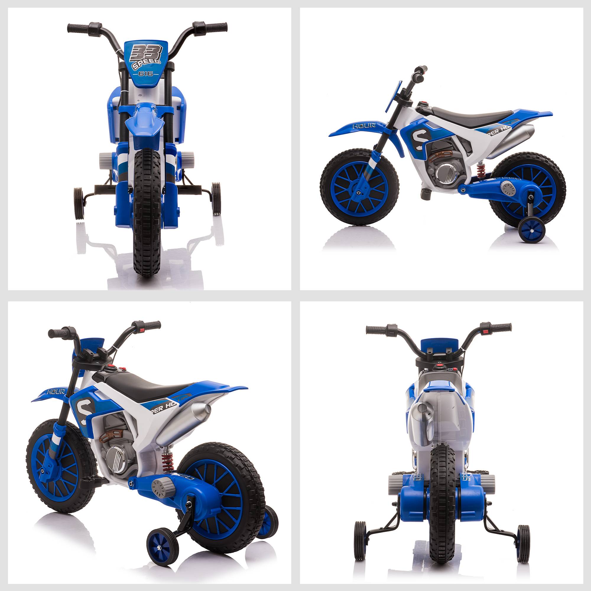 Moto Cross électrique Enfant 3 à 5 Ans 12 V 3-8 Km/h avec roulettes latérales Amovibles dim. 106,5L x 51,5l x 68H cm Bleu - Image 10