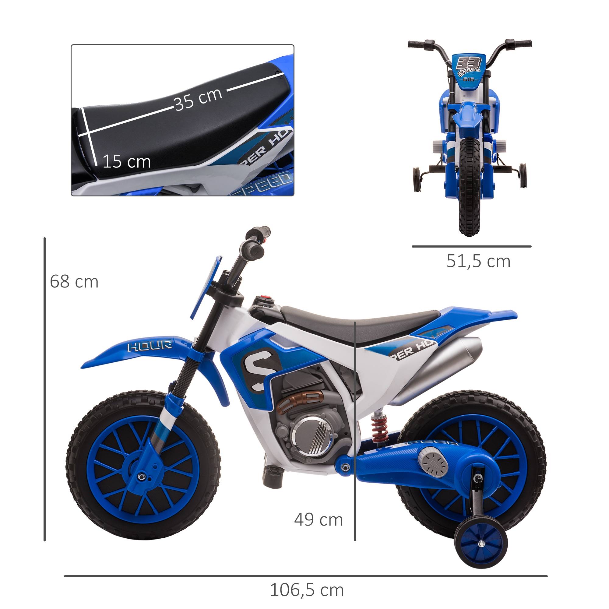 Moto Cross électrique Enfant 3 à 5 Ans 12 V 3-8 Km/h avec roulettes latérales Amovibles dim. 106,5L x 51,5l x 68H cm Bleu - Image 5