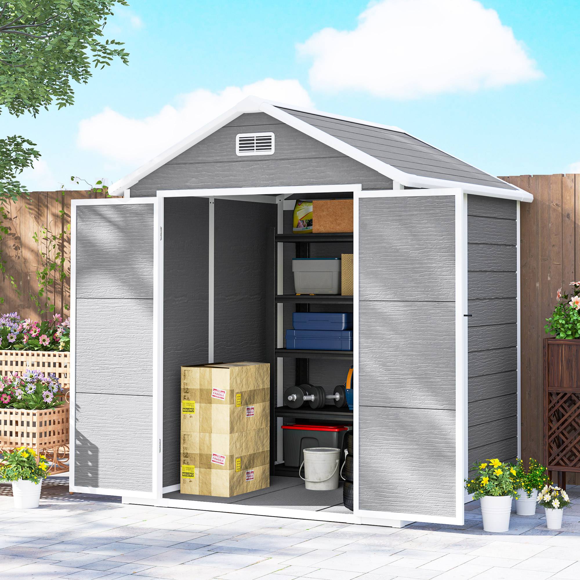 Outsunny - Abri de jardin résine - avec plancher structure en aluminium - portes à loquet 3 fenêtre - gris - Outsunny - Image 8