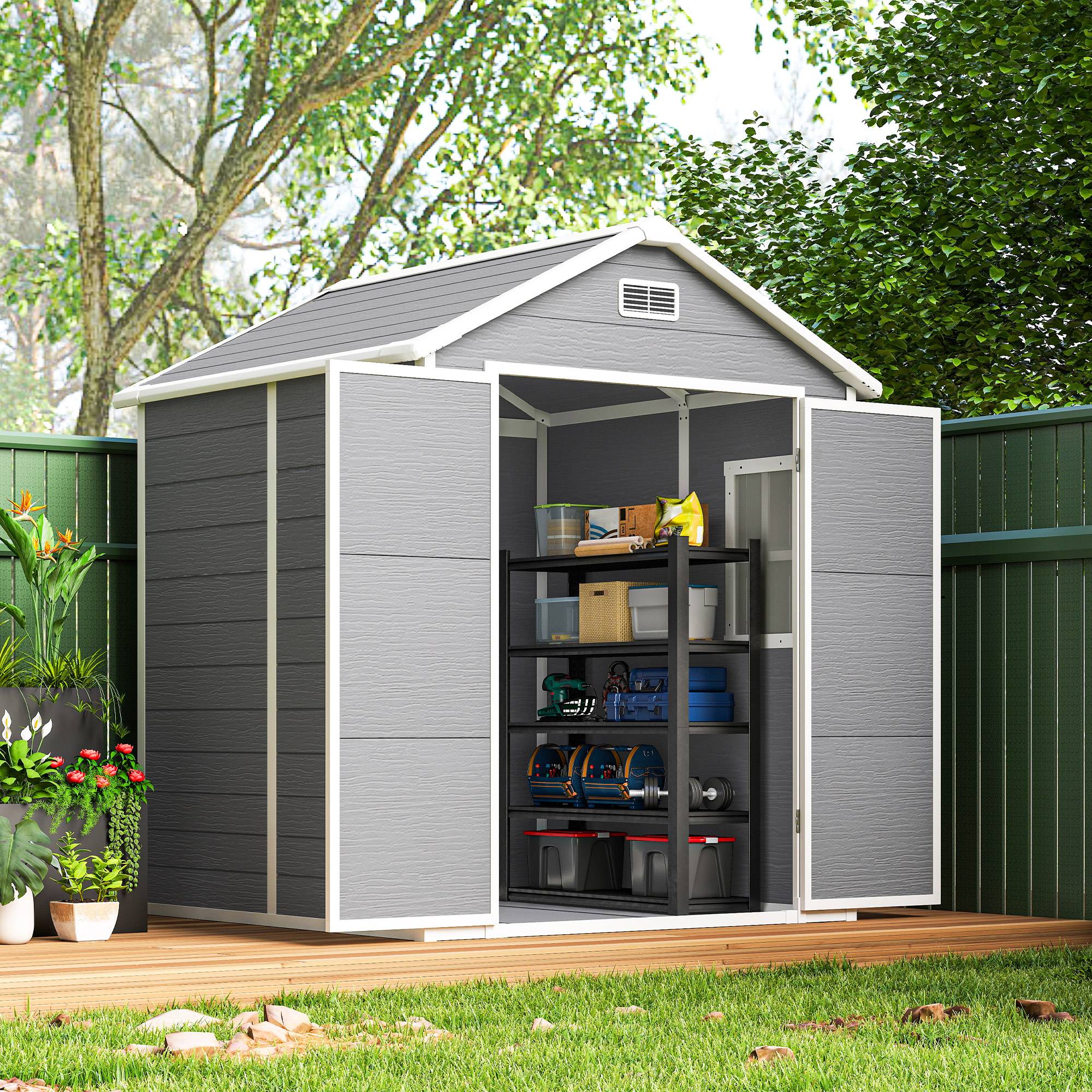 Outsunny - Abri de jardin résine - avec plancher structure en aluminium - portes à loquet 3 fenêtre - gris - Outsunny - Image 2