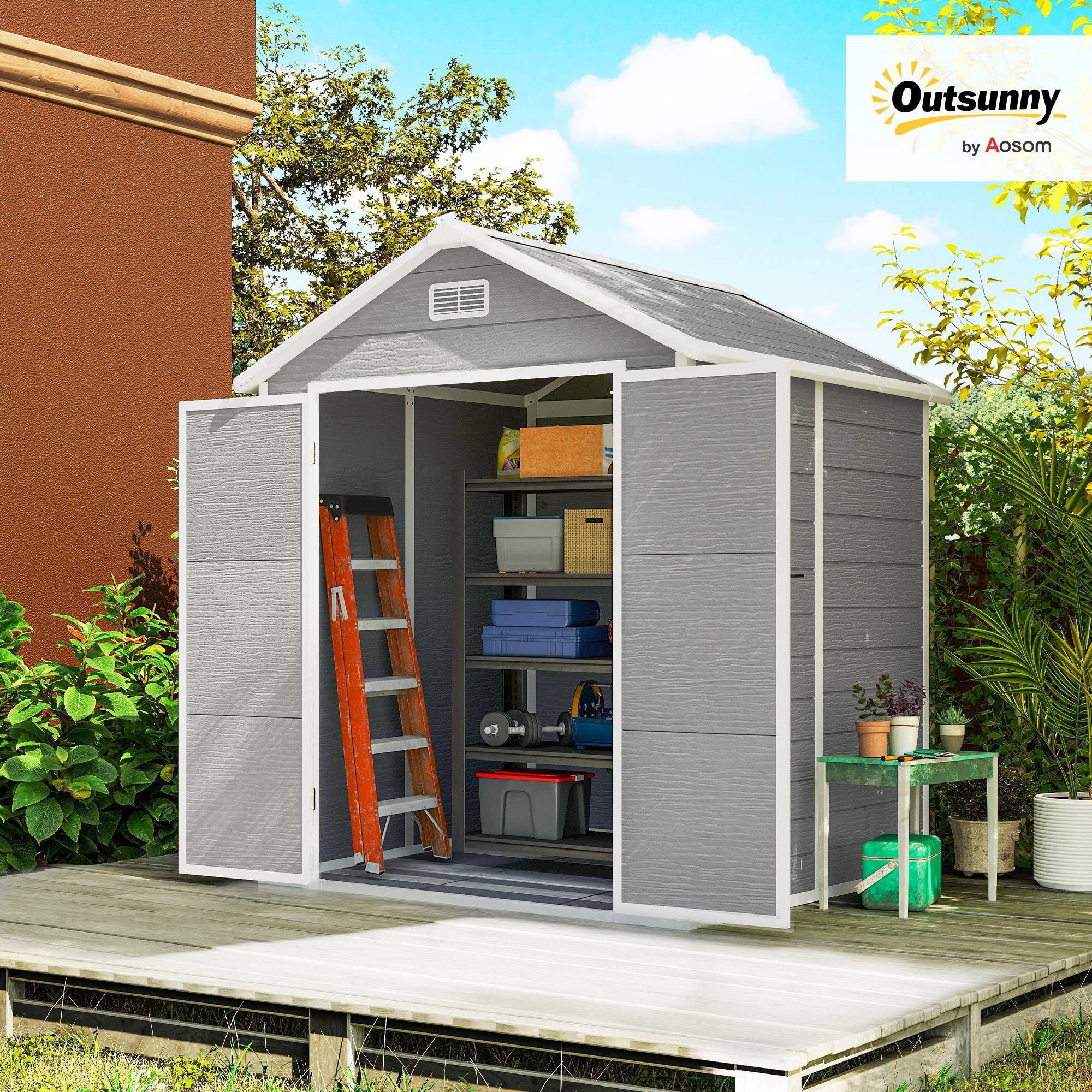 Outsunny - Abri de jardin résine - avec plancher structure en aluminium - portes à loquet 3 fenêtre - gris - Outsunny - Image 10