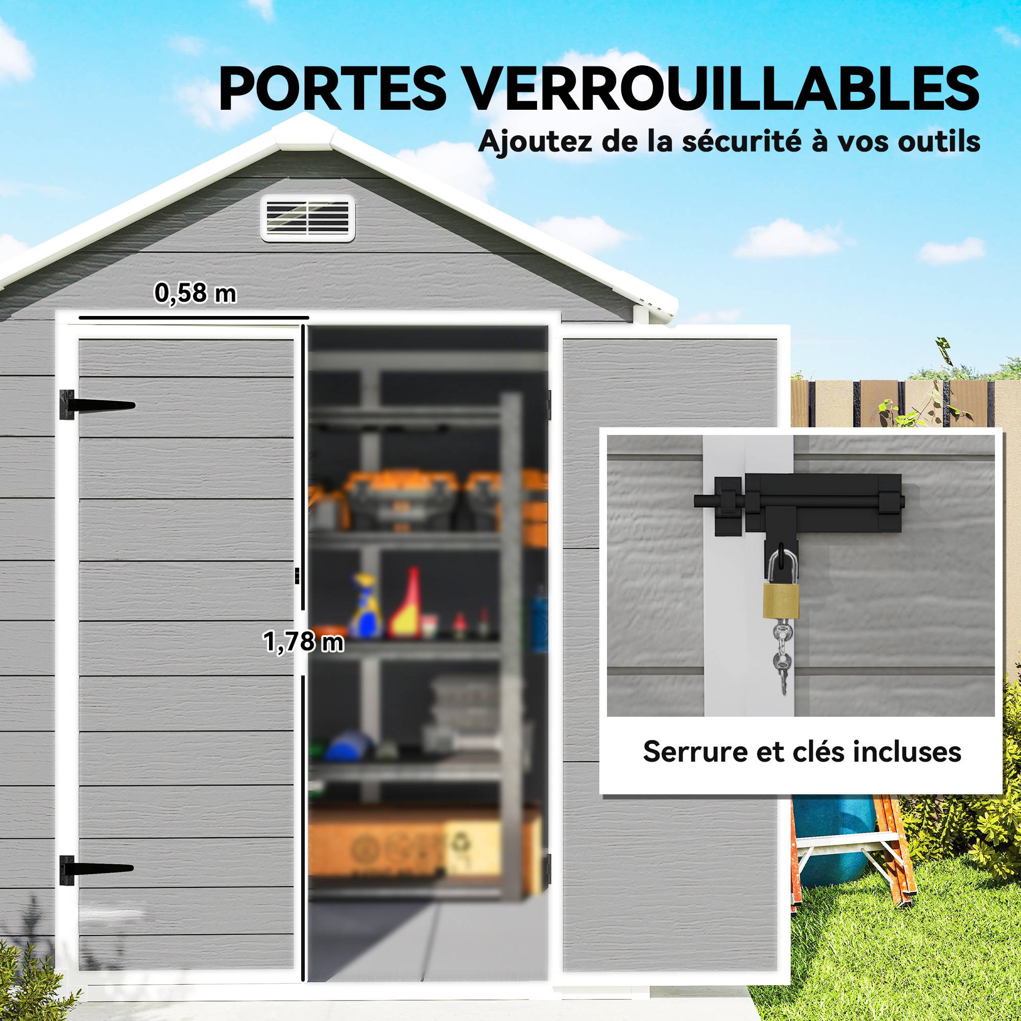 Outsunny - Abri de jardin résine - avec plancher structure en aluminium - portes à loquet 3 fenêtre - gris - Outsunny - Image 6