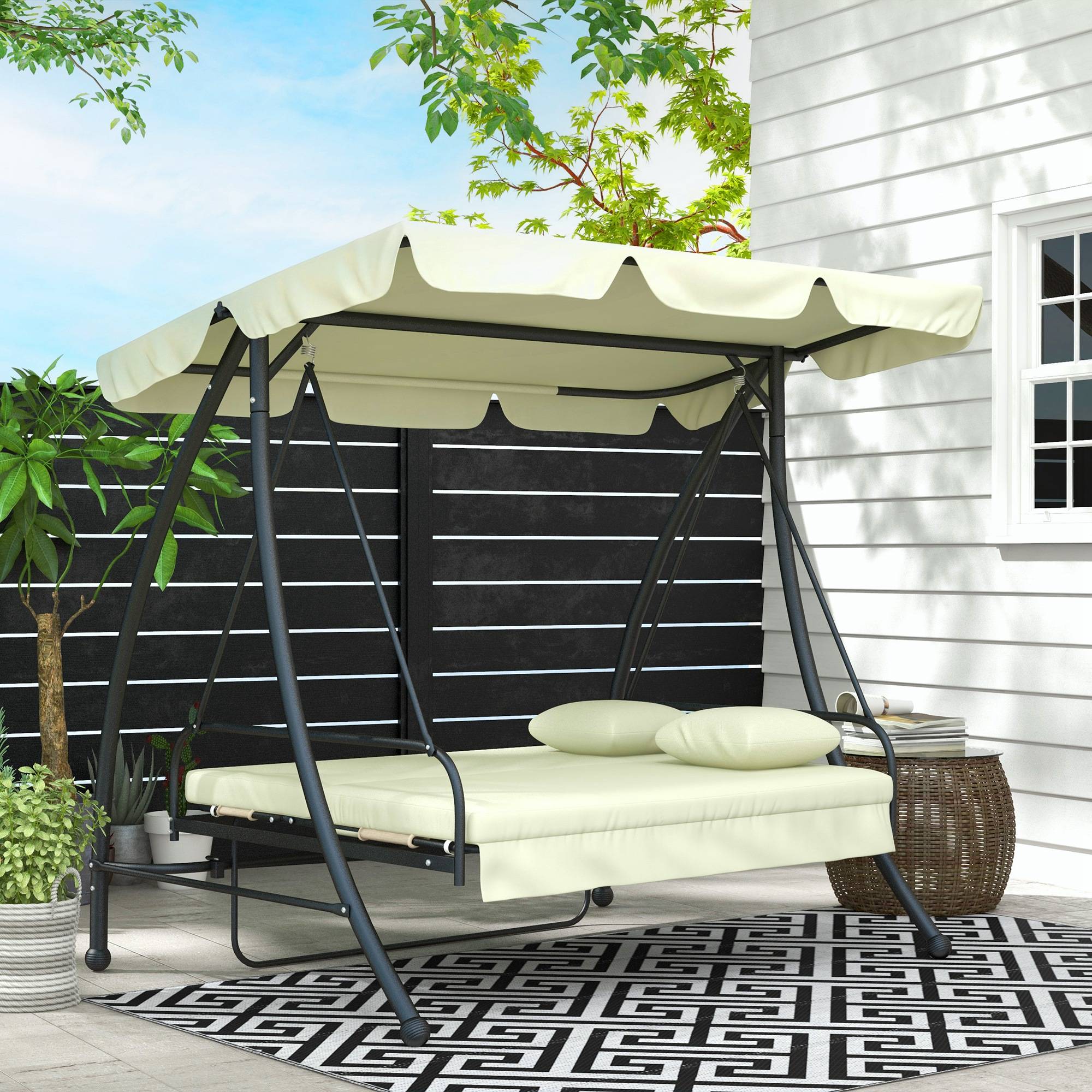 Balancelle convertible lit 3 places métal toit inclinable 200x125x170cm blanc crème - ComfortXL Outdoor Living - Image 4