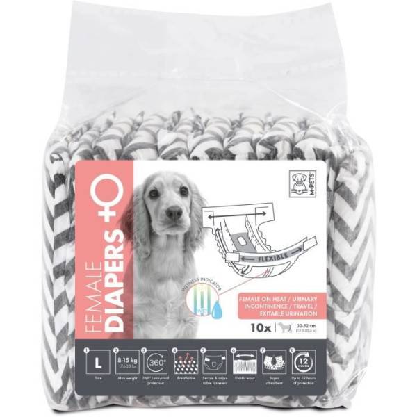 Couches pour chien - M PETS - DIAPERS Femelle L x10 - Tour de taille 32-52 cm - 8-15 kg - Indicateur d'humidité - 12h protectio - Image 1