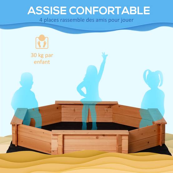 Bac à Sable Octogonal en Bois Massif 140 x 140 cm avec 4 Bancs, Bâche et Protection UV, Orange - Image 9
