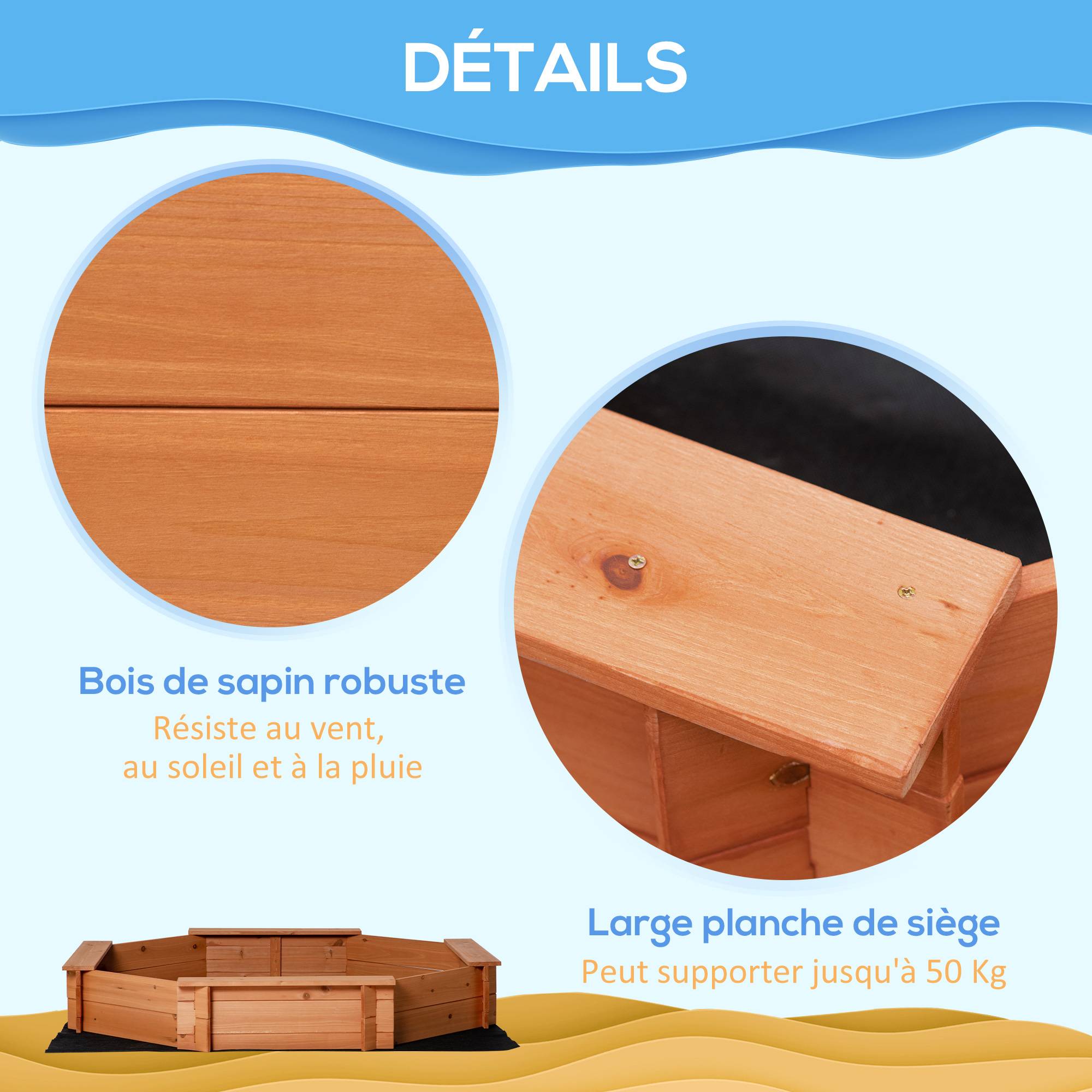 Bac à Sable Octogonal en Bois Massif 140 x 140 cm avec 4 Bancs, Bâche et Protection UV, Orange - Image 8