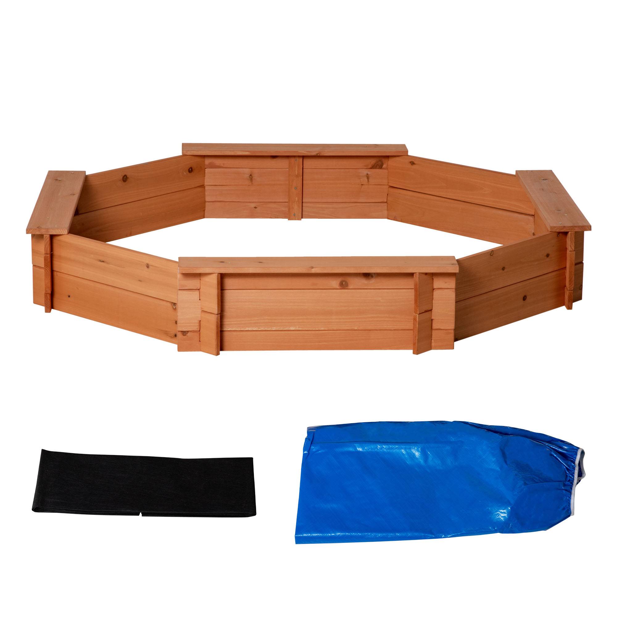 Bac à Sable Octogonal en Bois Massif 140 x 140 cm avec 4 Bancs, Bâche et Protection UV, Orange - Image 2