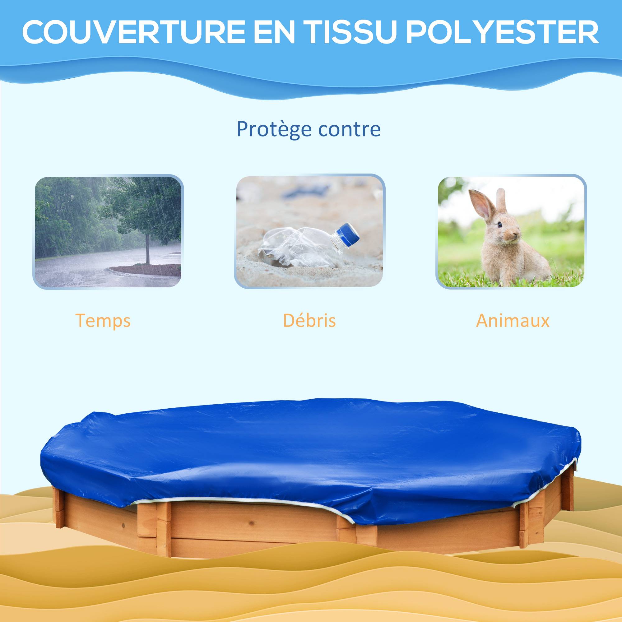 Bac à Sable Octogonal en Bois Massif 140 x 140 cm avec 4 Bancs, Bâche et Protection UV, Orange - Image 6