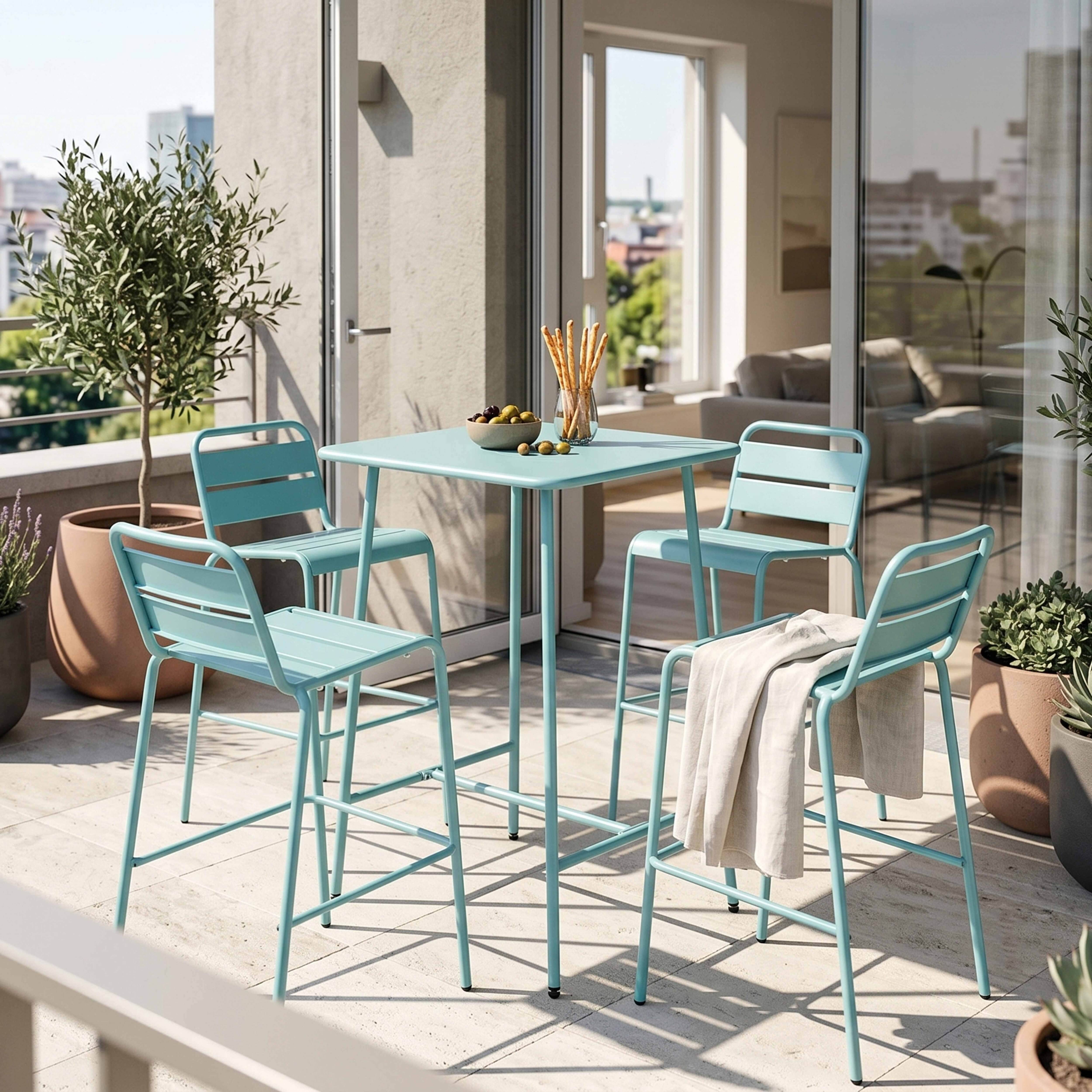 Oviala - Ensemble table de bar et 4 chaises hautes en métal turquoise Palavas - Oviala - Image 2