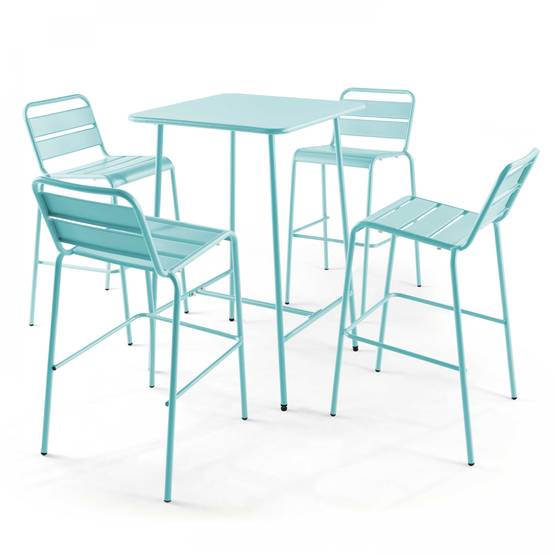 Oviala - Ensemble table de bar et 4 chaises hautes en métal turquoise Palavas - Oviala - Image 1
