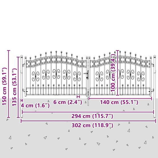 Portail Jardin Double Battant Acier Style Fer Forgé Pointe de Lance 305x151 cm Gris - ComfortXL Outdoor Living - Image 8