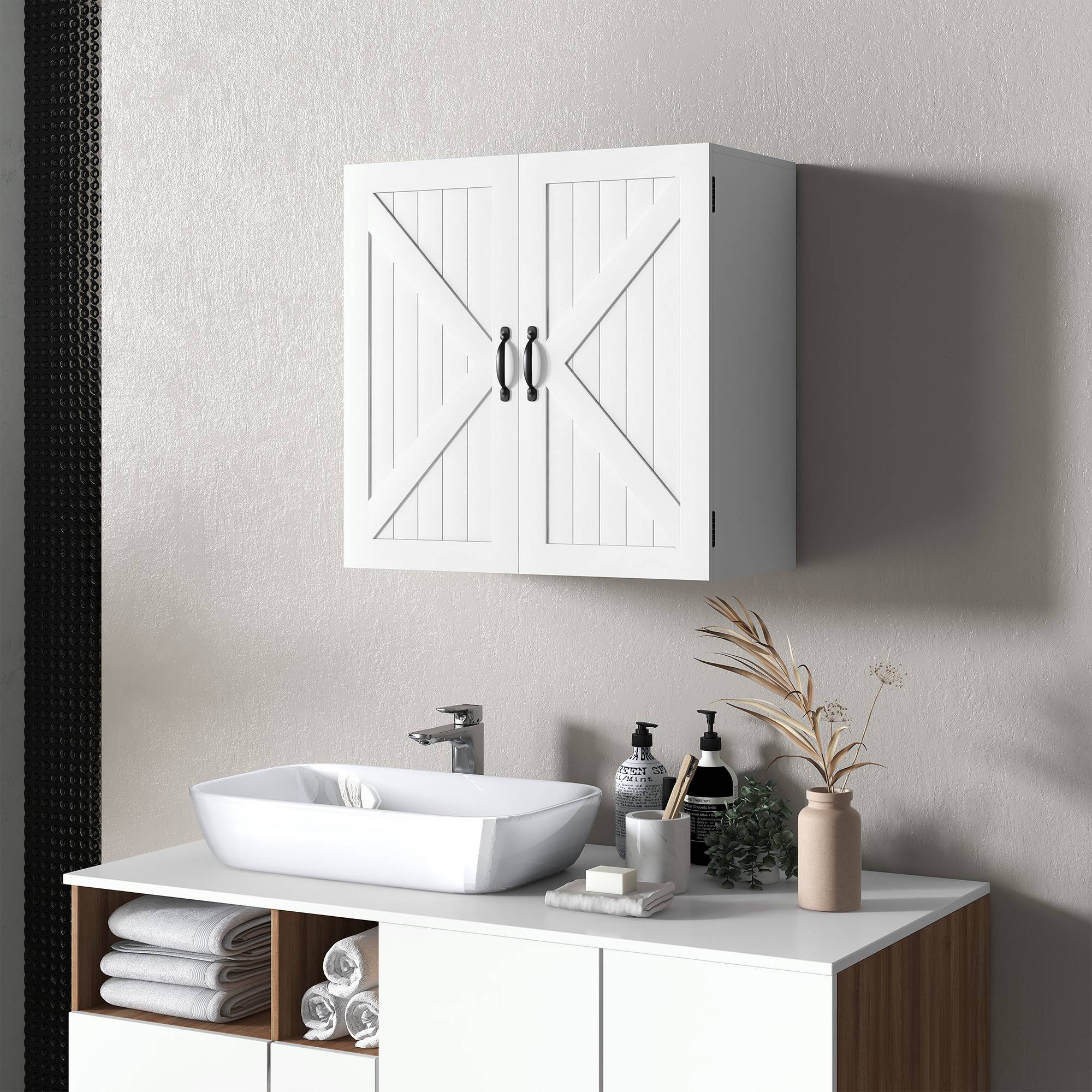 Sans Marque - Armoire murale salle bain bois style champêtre étagère réglable 60x30x60 cm blanche - Image 3