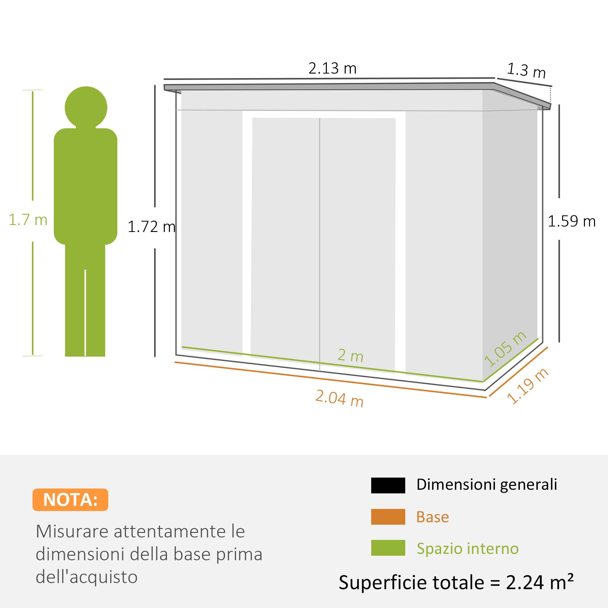 Abri de jardin acier galvanisé 213x130x172 cm avec toit pente 2 entrées aérations gris - Image 5