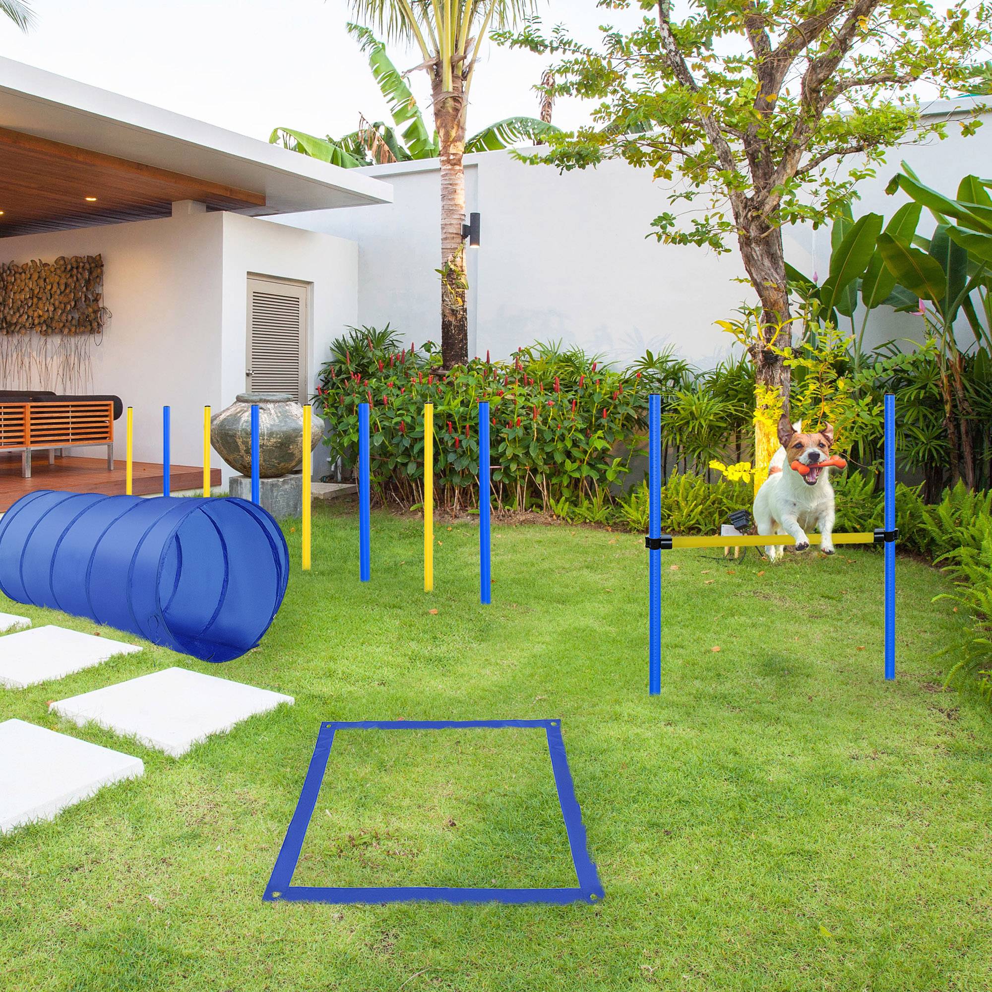 ComfortXL - Parcours agilité chien en plastique jaune et bleu 4 pièces avec tunnel et haie - ComfortXL Outdoor Living - Image 3
