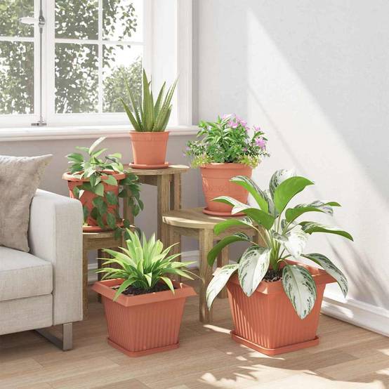 ComfortXL - Lot pots carrés plastique jardin terrasse drainage intégré 28x28x22cm rouge - ComfortXL Outdoor Living - Image 4