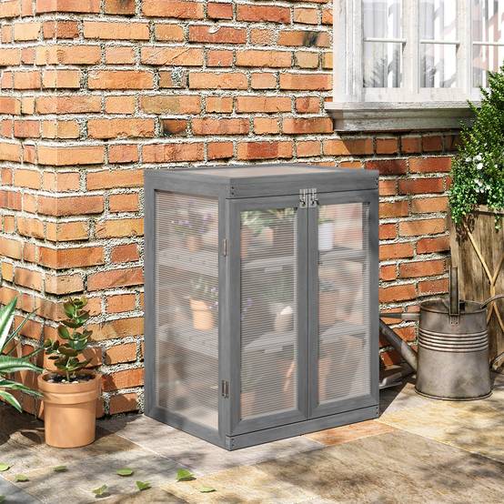 Serre de jardin Bois et Polycarbonate Extérieur et Balcon Toit ouvrant 58x44x78cm Gris - ComfortXL Outdoor Living - Image 3