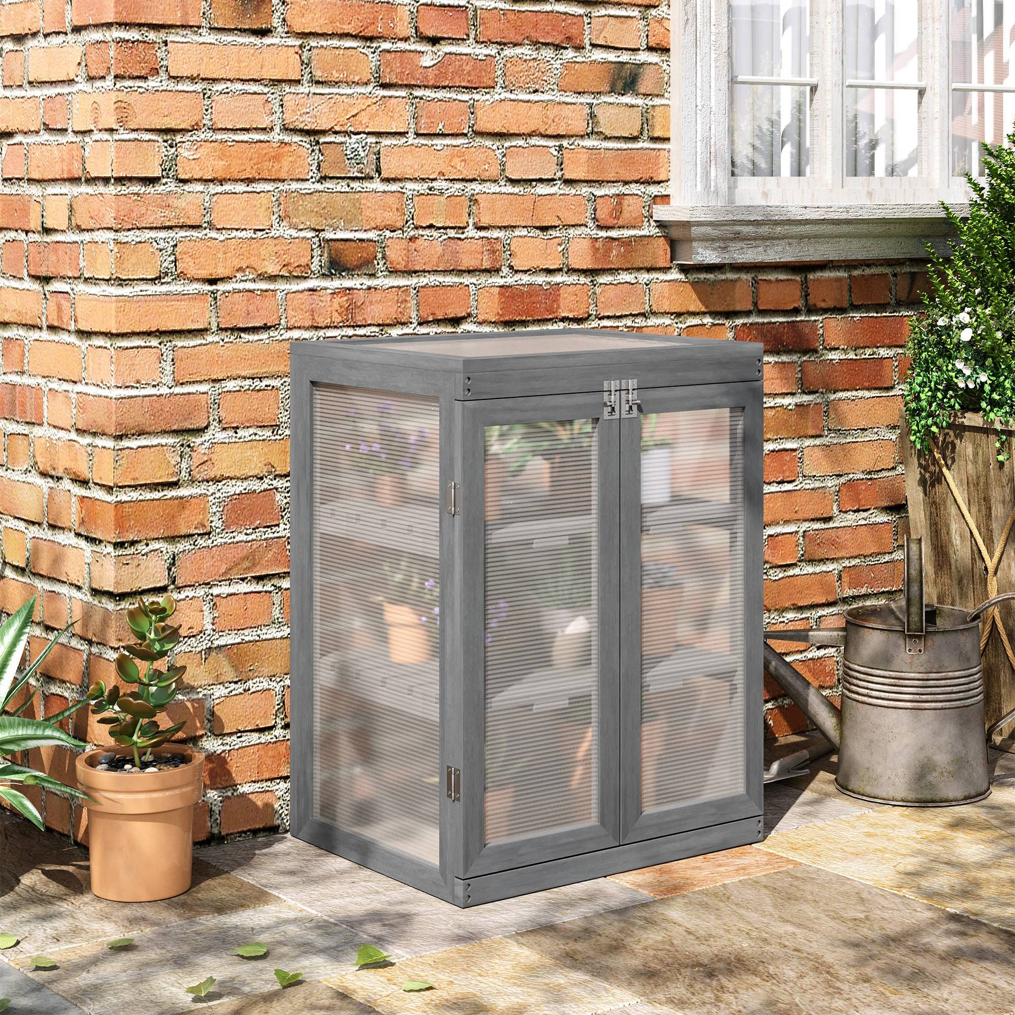 Serre de jardin Bois et Polycarbonate Extérieur et Balcon Toit ouvrant 58x44x78cm Gris - ComfortXL Outdoor Living - Image 3