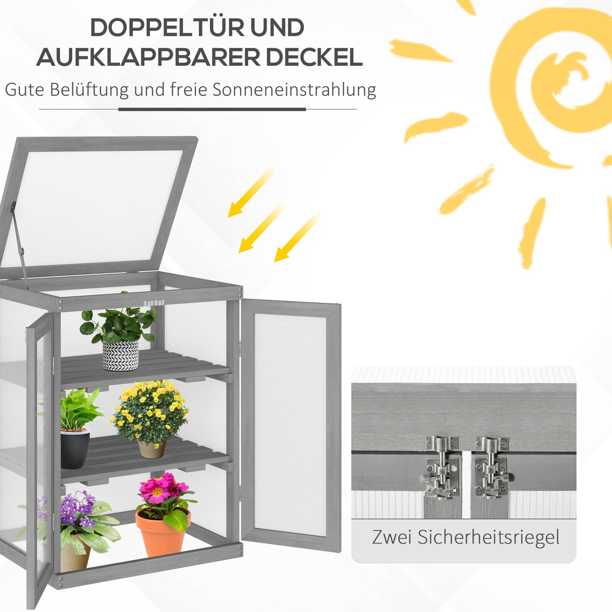 Serre de jardin Bois et Polycarbonate Extérieur et Balcon Toit ouvrant 58x44x78cm Gris - ComfortXL Outdoor Living - Image 6