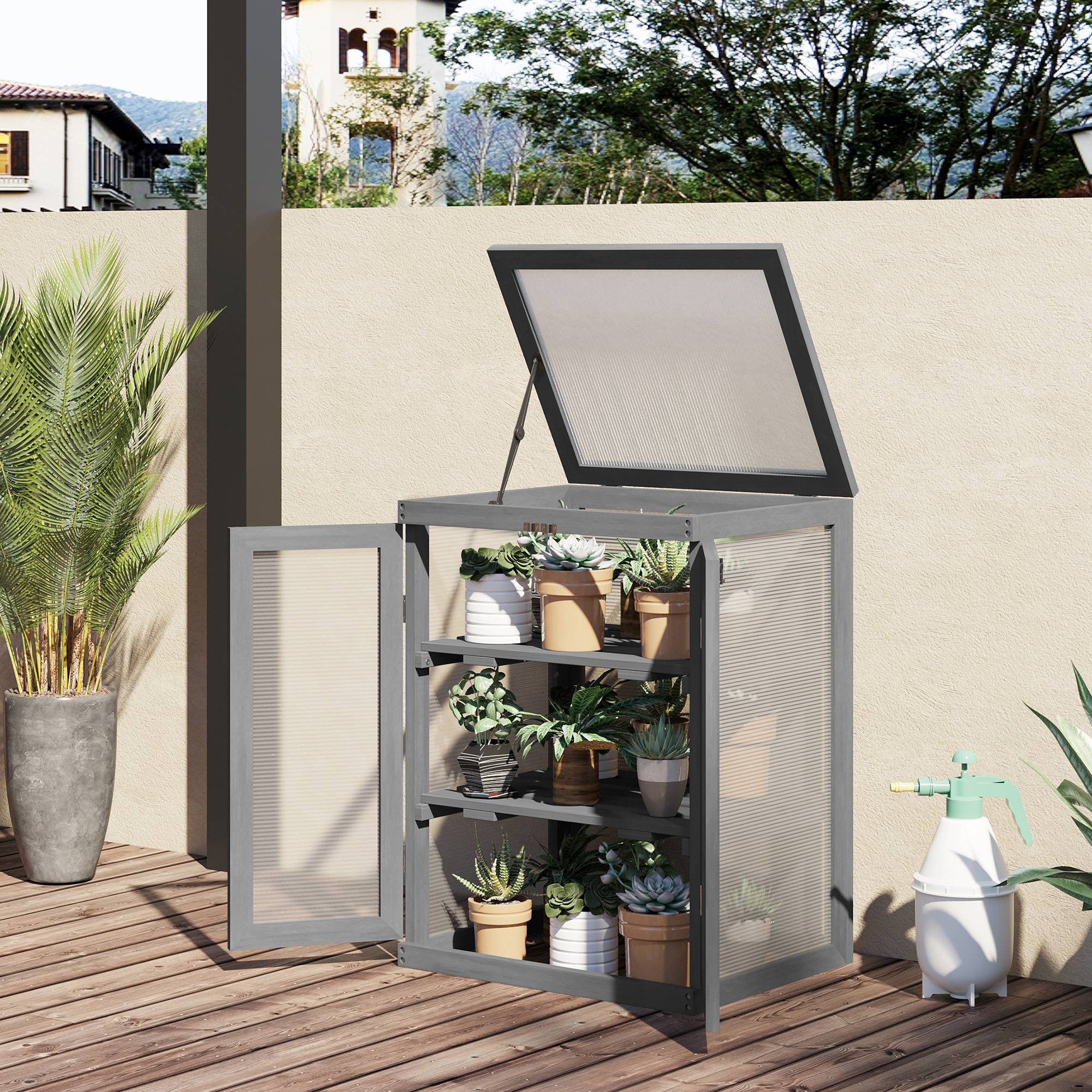 Serre de jardin Bois et Polycarbonate Extérieur et Balcon Toit ouvrant 58x44x78cm Gris - ComfortXL Outdoor Living - Image 2