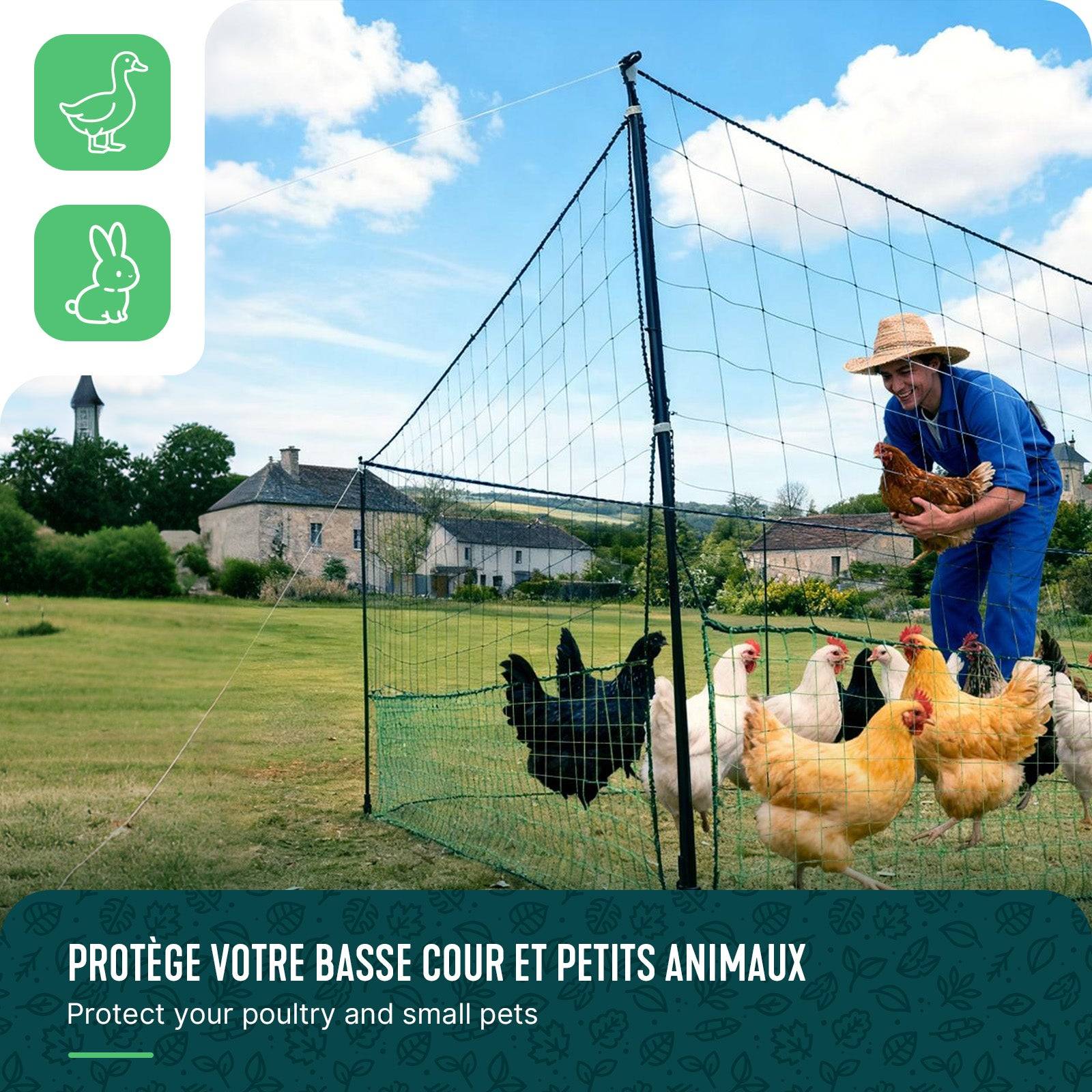 Vounot - Kit filet à poules 30m avec piquets double pointes - Clôture volaille avec porte d’accès - Enclos extérieur en PE vert - VOUNOT® - Image 7