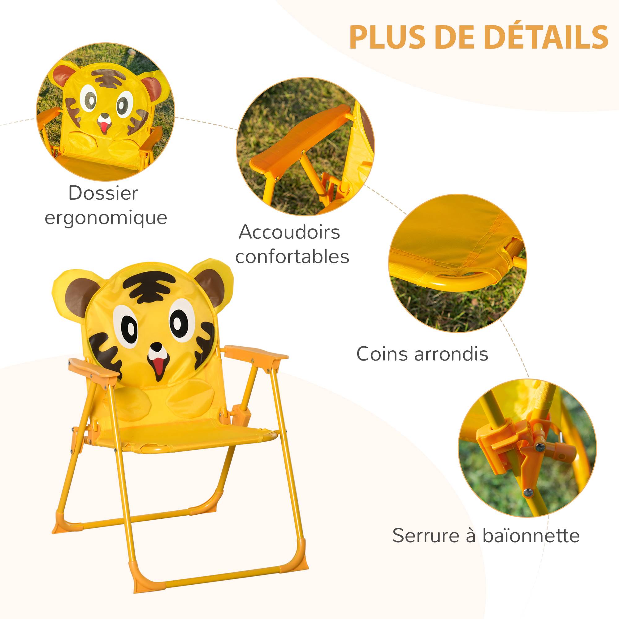 Ensemble Salon de Jardin Enfant 4 pcs Design Tigre - Table Ronde + 2 chaises Pliables + Parasol - métal époxy Oxford Jaune - Image 8