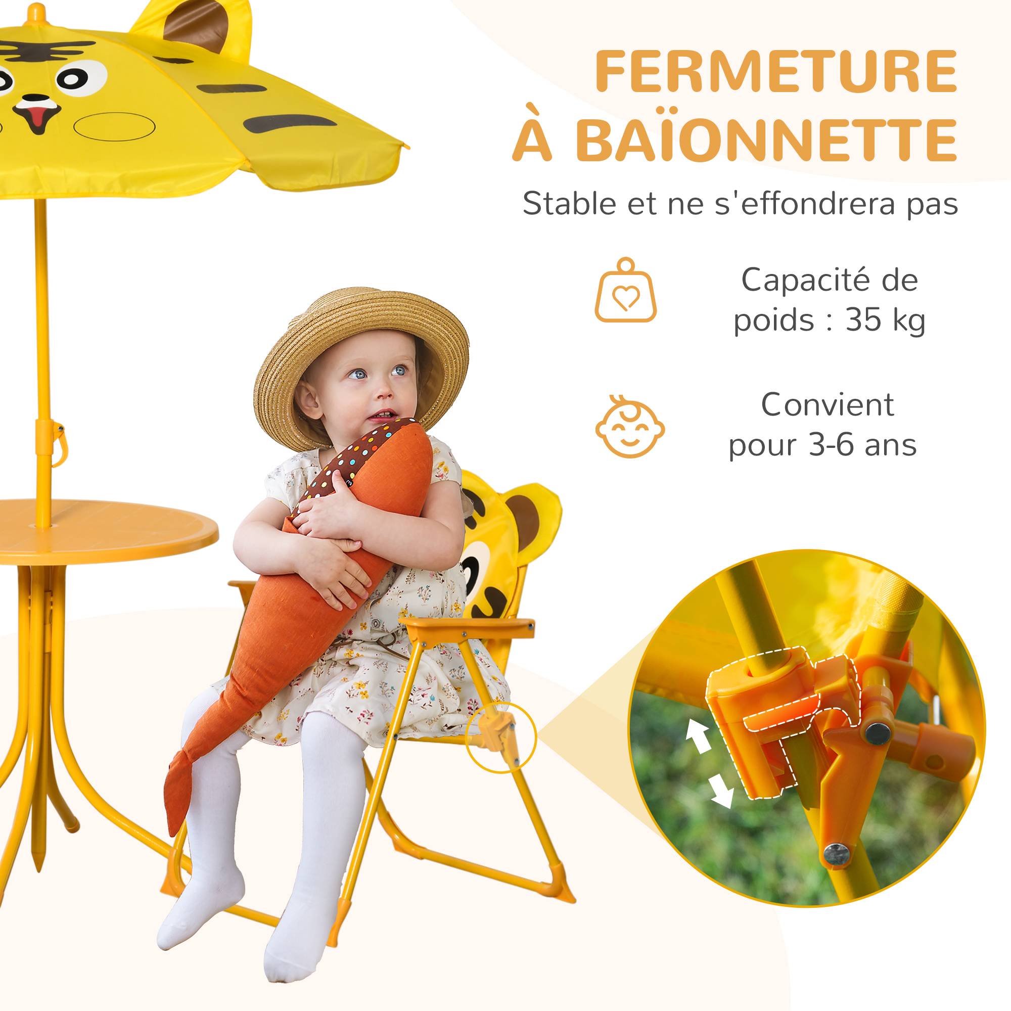Ensemble Salon de Jardin Enfant 4 pcs Design Tigre - Table Ronde + 2 chaises Pliables + Parasol - métal époxy Oxford Jaune - Image 9