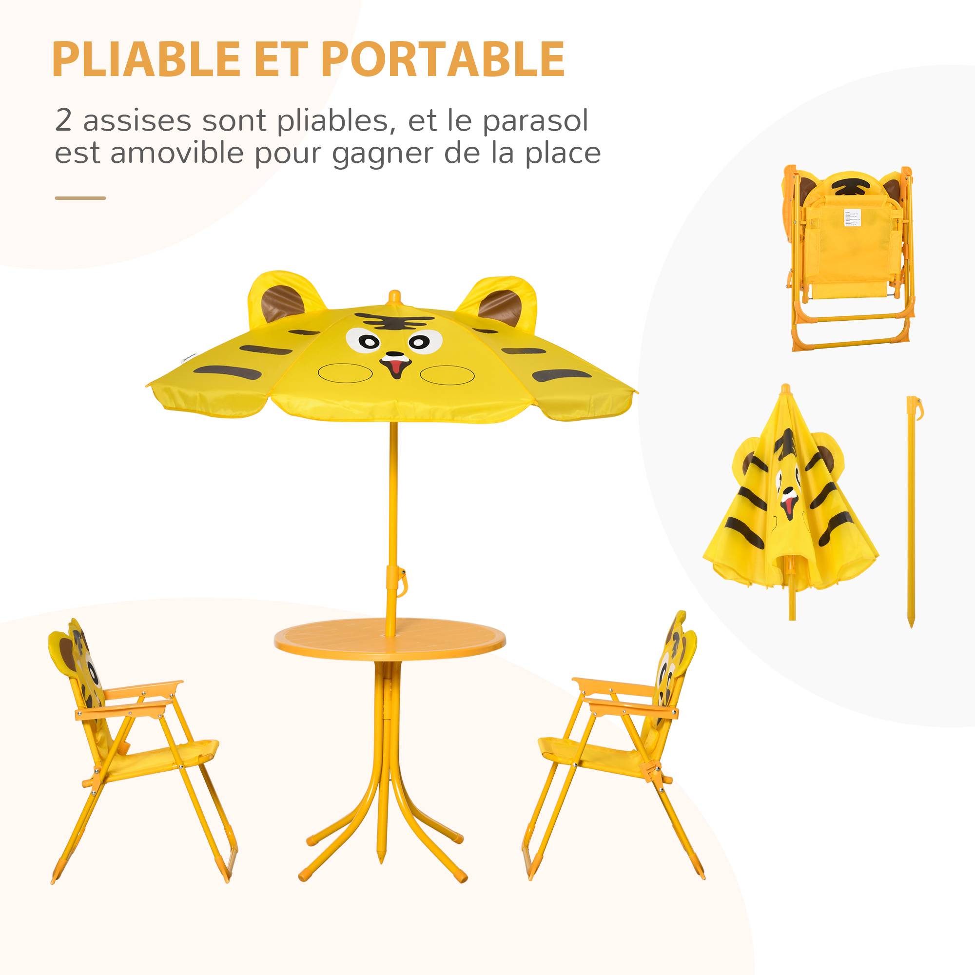 Ensemble Salon de Jardin Enfant 4 pcs Design Tigre - Table Ronde + 2 chaises Pliables + Parasol - métal époxy Oxford Jaune - Image 6