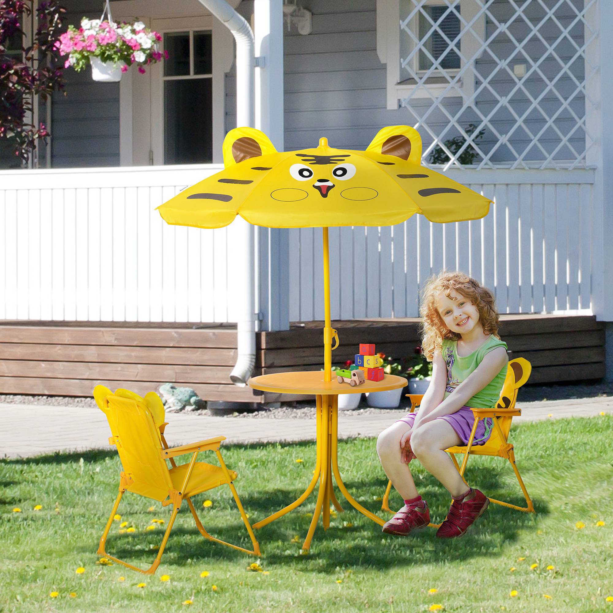 Ensemble Salon de Jardin Enfant 4 pcs Design Tigre - Table Ronde + 2 chaises Pliables + Parasol - métal époxy Oxford Jaune - Image 3