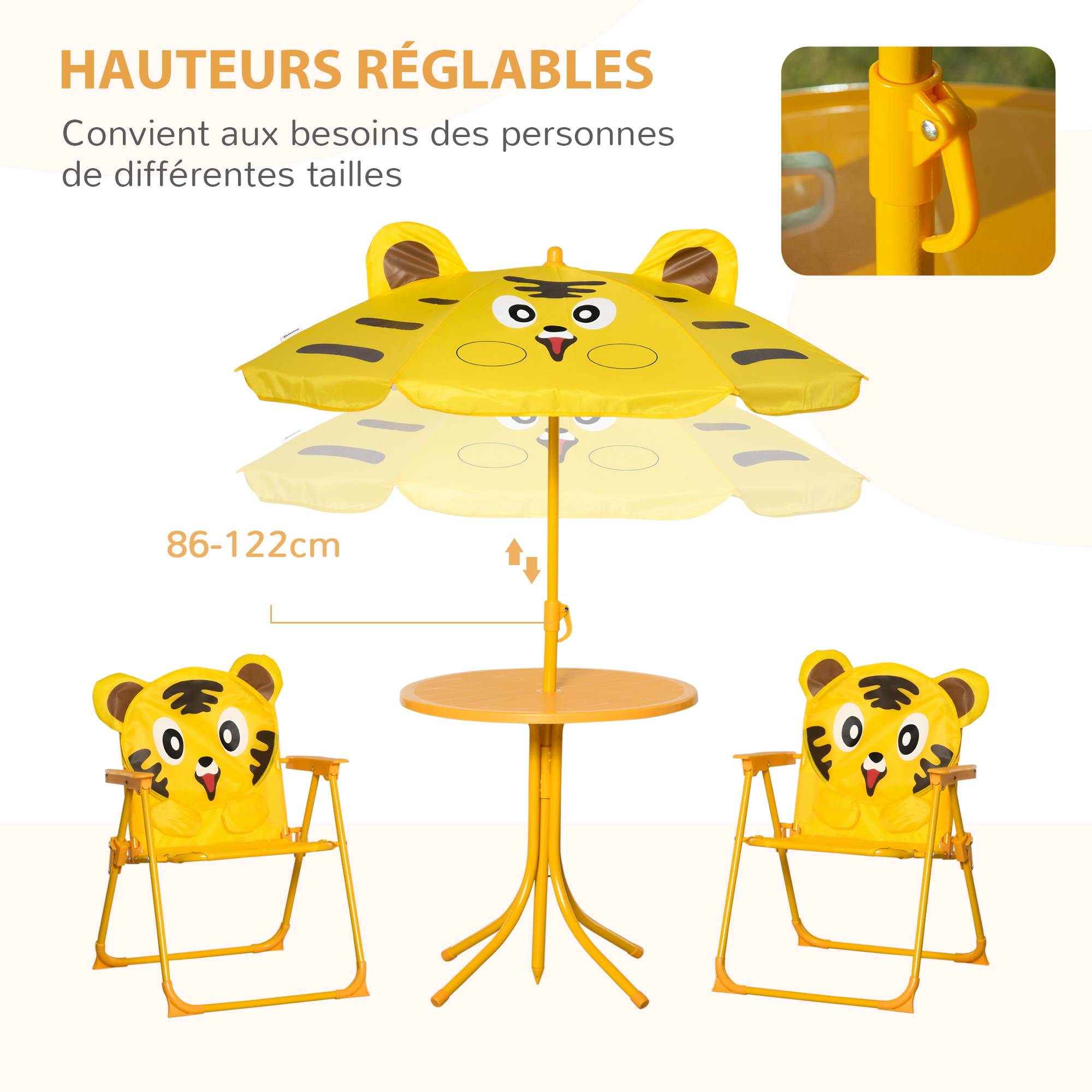 Ensemble Salon de Jardin Enfant 4 pcs Design Tigre - Table Ronde + 2 chaises Pliables + Parasol - métal époxy Oxford Jaune - Image 7