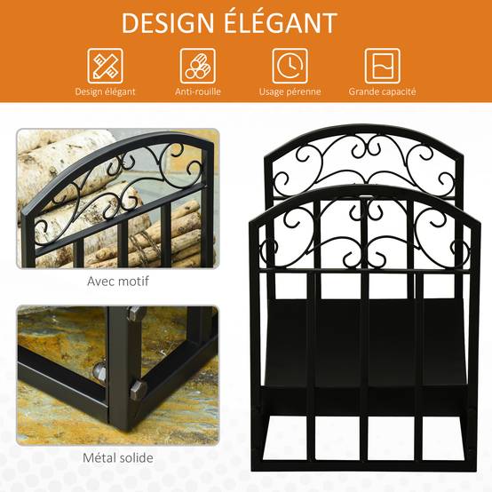 Range bûches Porte-bûches range rack à bûches support étagère à bois de cheminée charge max. 60 kg dim. 60,5L x 36l x 46,5H cm métal époxy noir - Image 6